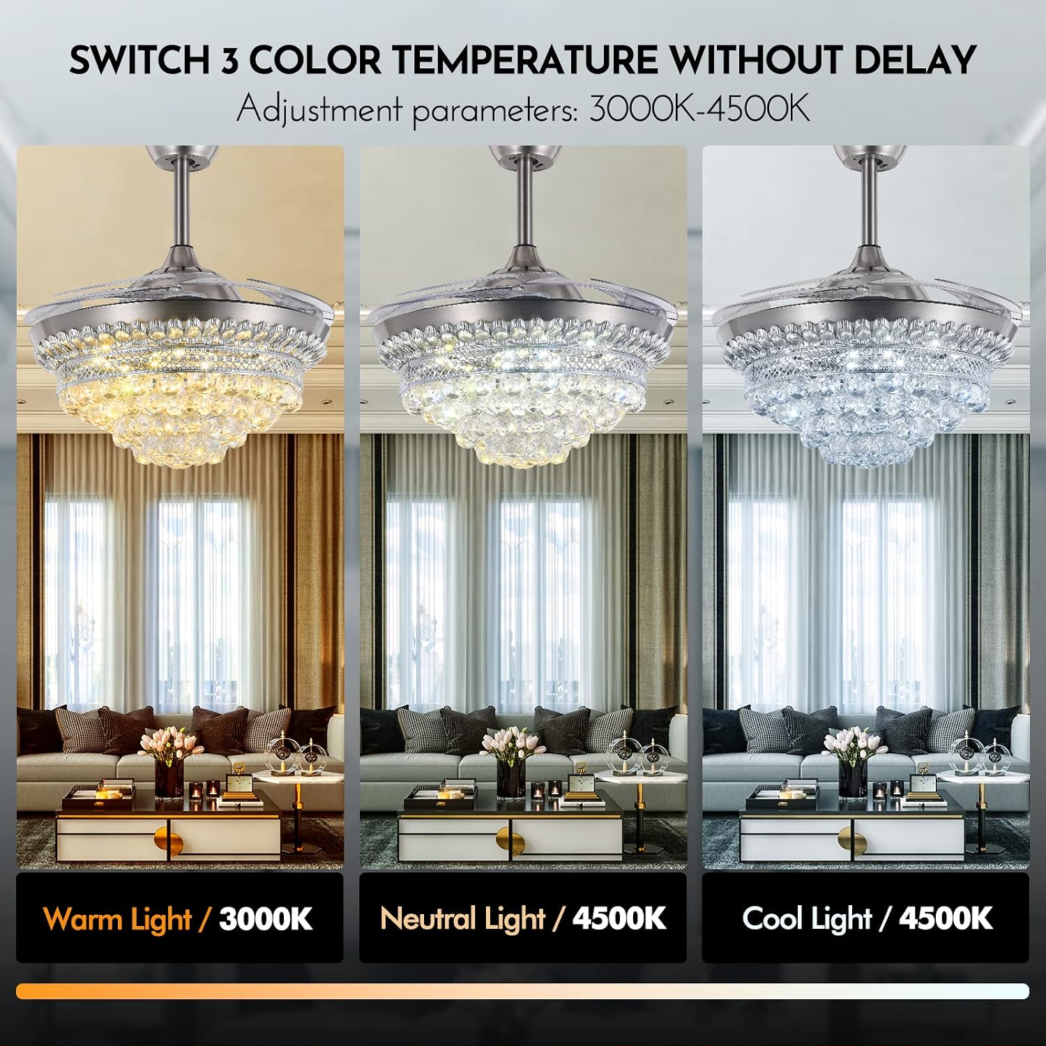 BIGBANBAN 42' Crystal Ceiling Fan with Light Remote Control, Silver Retractable Chandelier Fan 3 Colors LED Light 3 Speeds Modern Fandelier Chandelier for Living Room Bedroom
