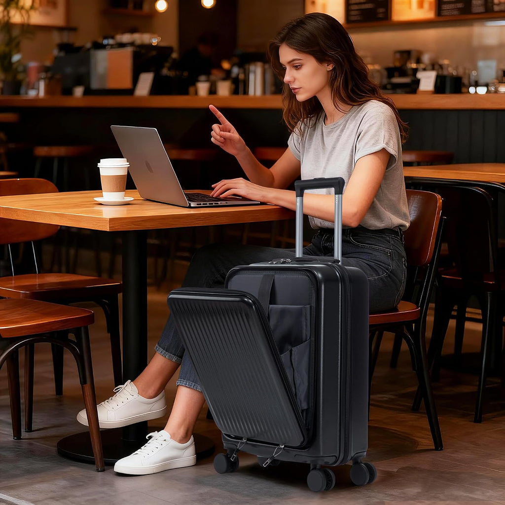 Two-piece luggage set with swivel wheels black hard shell 20-inch carry-on and 14-inch vanity case (Black)