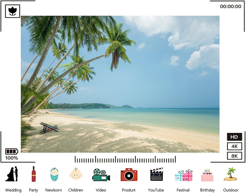 Trykid 20x10ft Tropical Palm Beach Backdrop White Sand Calm Ocean Clear Sky Photography Background Summer Vacation Paradise Tapestry Party Decoration Photo Booth Studio Prop Fabric