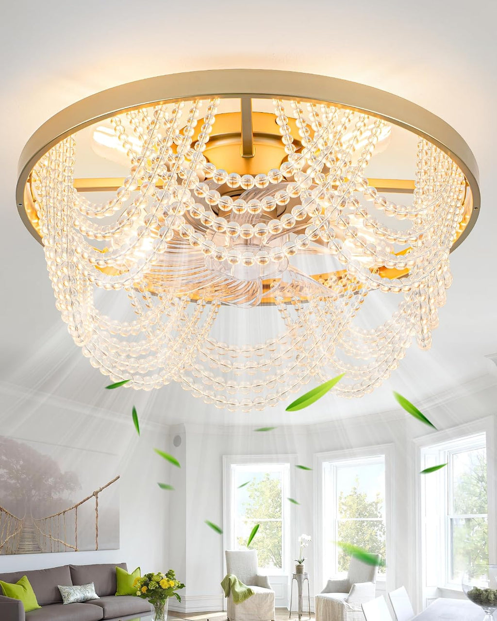 20' Gold Crystal Fandelier Ceiling Fan with Light Flush Mount Low Profile Ceiling Fan for Bedroom, Dining Room, Living Room