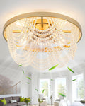 20' Gold Crystal Fandelier Ceiling Fan with Light Flush Mount Low Profile Ceiling Fan for Bedroom, Dining Room, Living Room