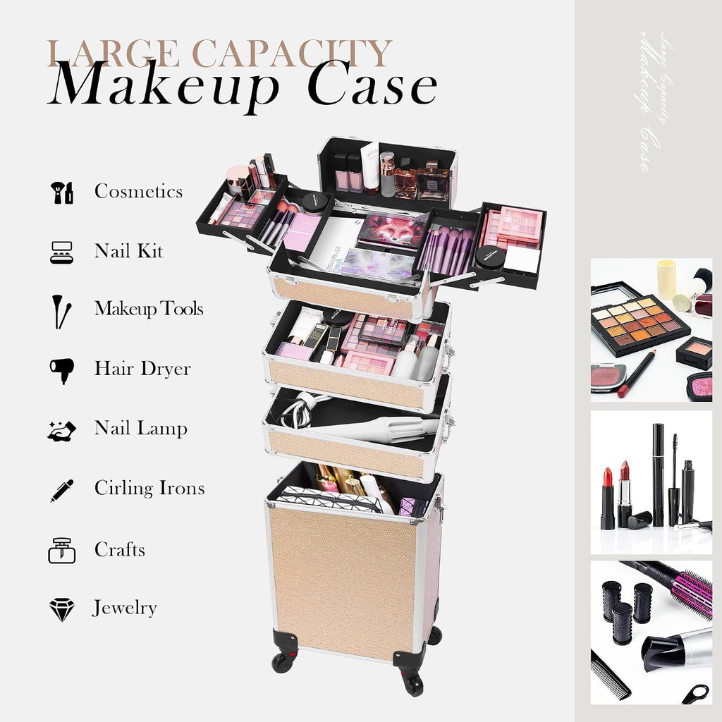 Professional Rolling Makeup Case with Wheels, 5-in-1 Makeup Train Case, Cosmetic Makeup Trolley Cart Travel Cosmetology Case On Wheels with Key for Hairstylists, Nail Tech (Gold Crystal)