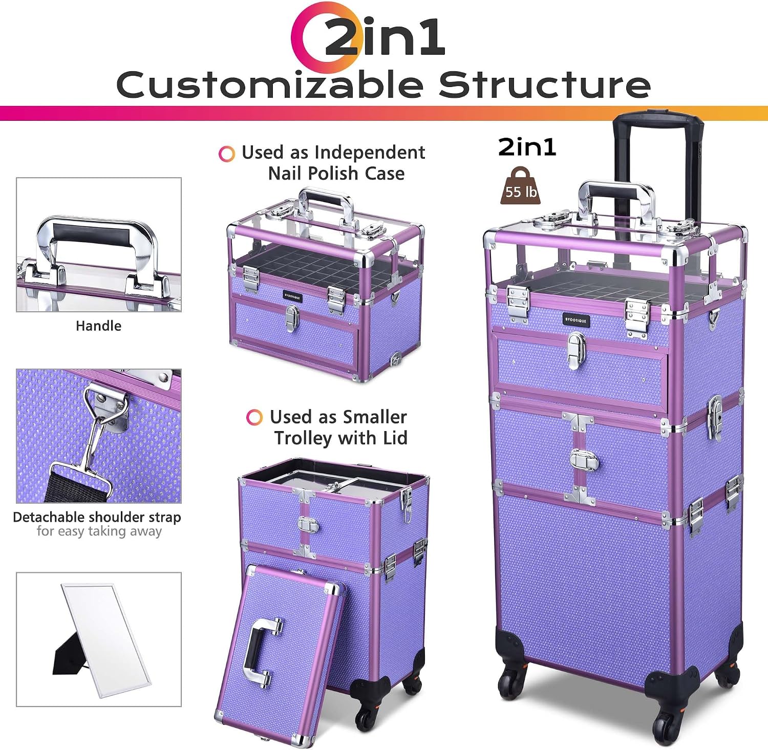 BYOOTIQUE 2in1 Nail Polish Organizer Rolling Makeup Train Case Manicure Cosmetic Trolley Travel Organizer Nail Case with Clear Lid Extendable Trays 4 removable wheels 54 Slots (Purple)
