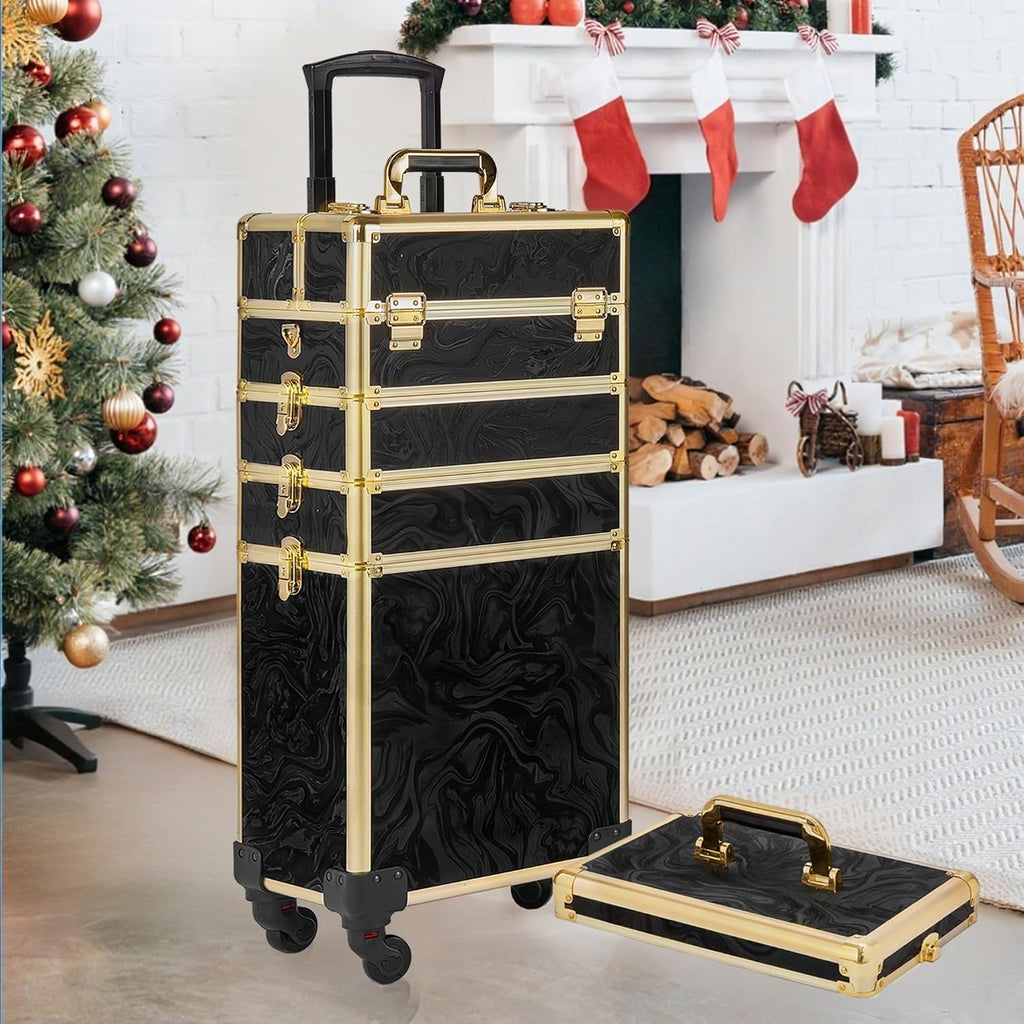 Somduy Rolling Makeup Case, Makeup Train Case with Lid, 5 in 1 Cosmetology Case on Wheels, Christmas Gift, Large Makeup Organizers, Profesional Cosmetic Case for Salon Barber, Pattern Black Gold
