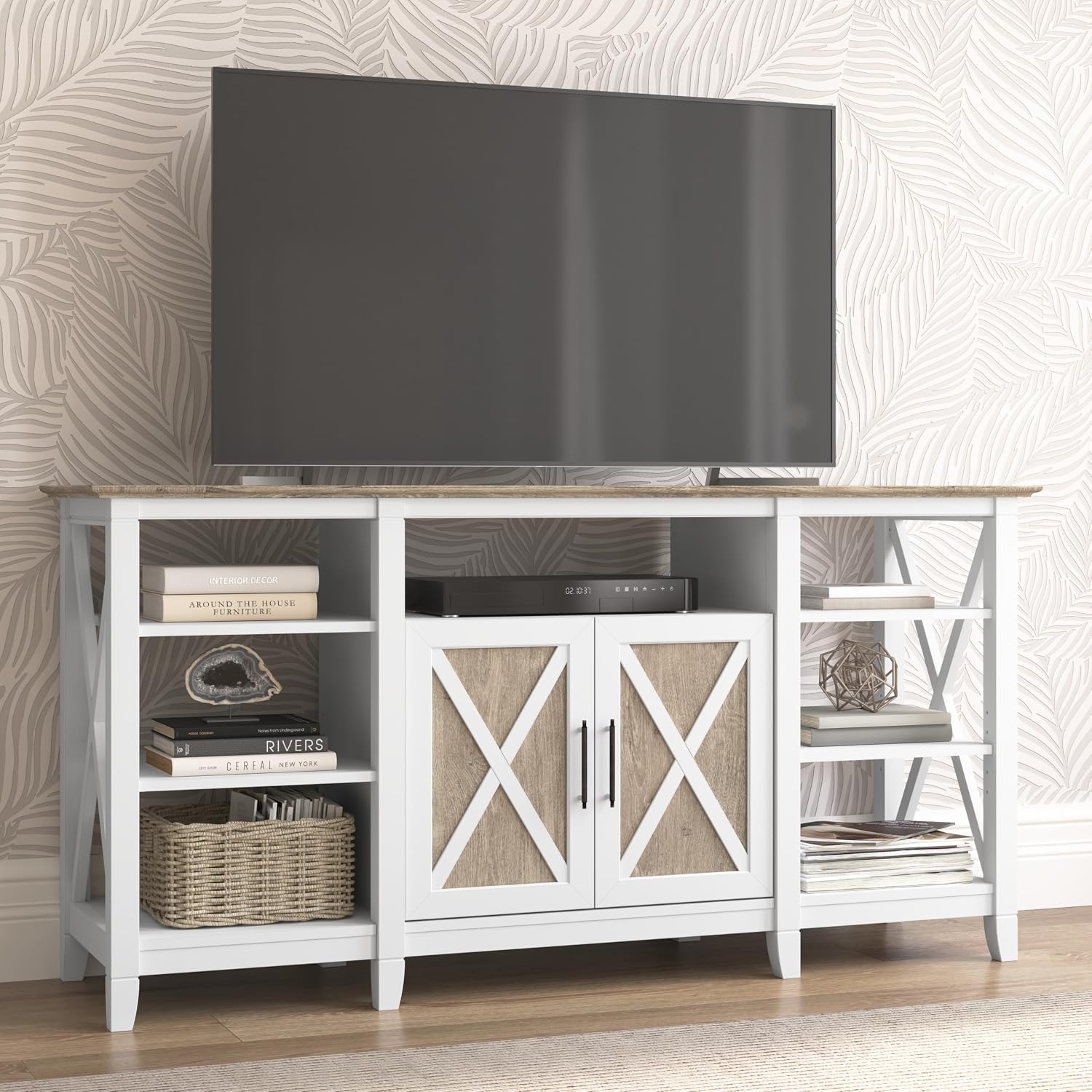 Bush Home Key West Farmhouse TV Stand for 65 Inch TV, Tall Entertainment Center with Storage