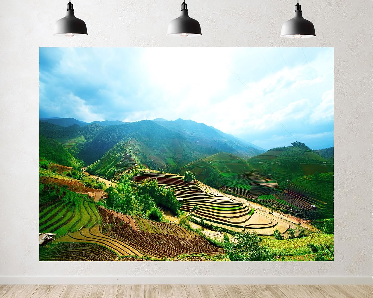 Trykid 20x10ft Lush Terraced Rice Field Mountain Backdrop Green Valley River Photography Background Agriculture Scenic Nature Gathering Party Decoration Tapestry Photo Booth Prop Fabric