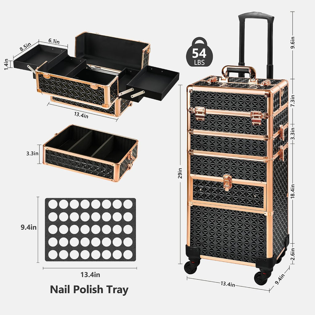 Makeup Train Case with Drawer, Rolling Makeup Case, Cosmetology Case on Wheels, Gift, Large Makeup Case Organizers, Professional for Salon Barber, Nail, Tattoo, Black Gold
