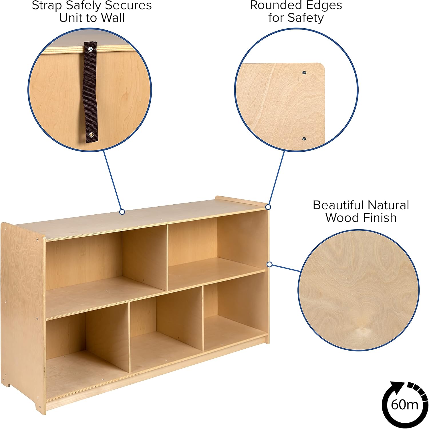 Flash Furniture Hercules Wooden 5 Section School Classroom Storage Cabinet for Commercial or Home Use - Safe, Kid Friendly Design - 30'H x 48'L (Natural)