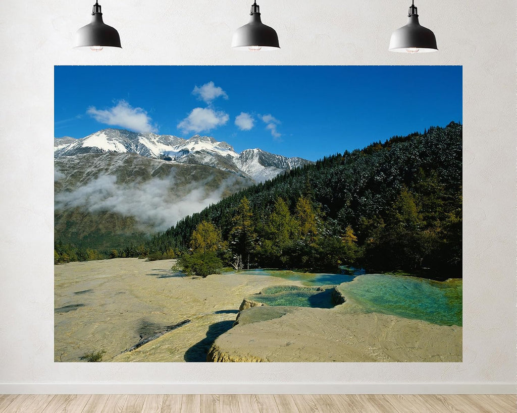 Trykid 20x10ft Snow Capped Mountains Turquoise Pools Backdrop Dense Forests Clear Blue Sky Photography Background Countryside Wedding Event Party Decoration Photo Booth Prop Fabric