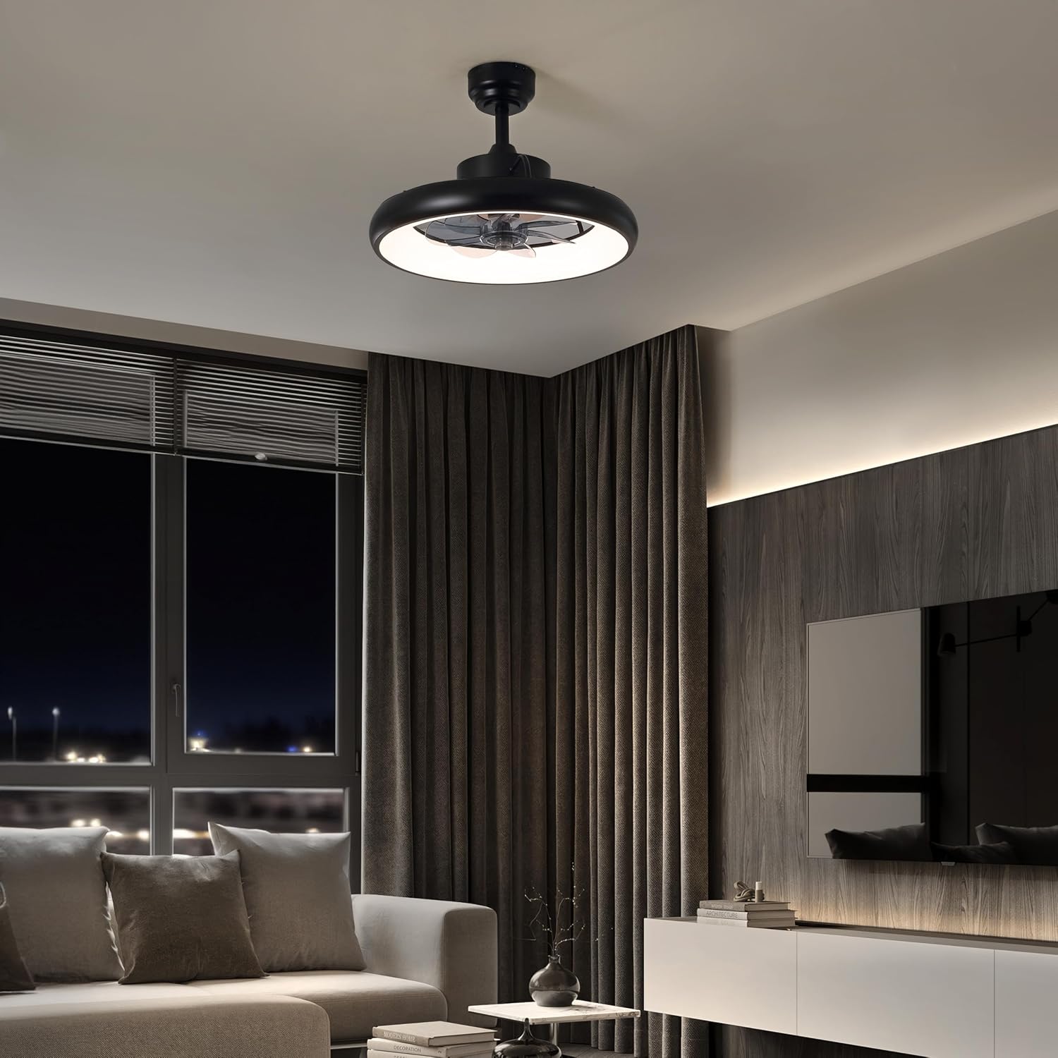 Oval AIR Loren 20' Small Smart Ceiling Fan with Light, Semi Flush Mount, Quiet 6-Speed Reversible Motor, Dimmable LED, Adjustable CCT, App & Remote Control, Modern, Black AIR8002B