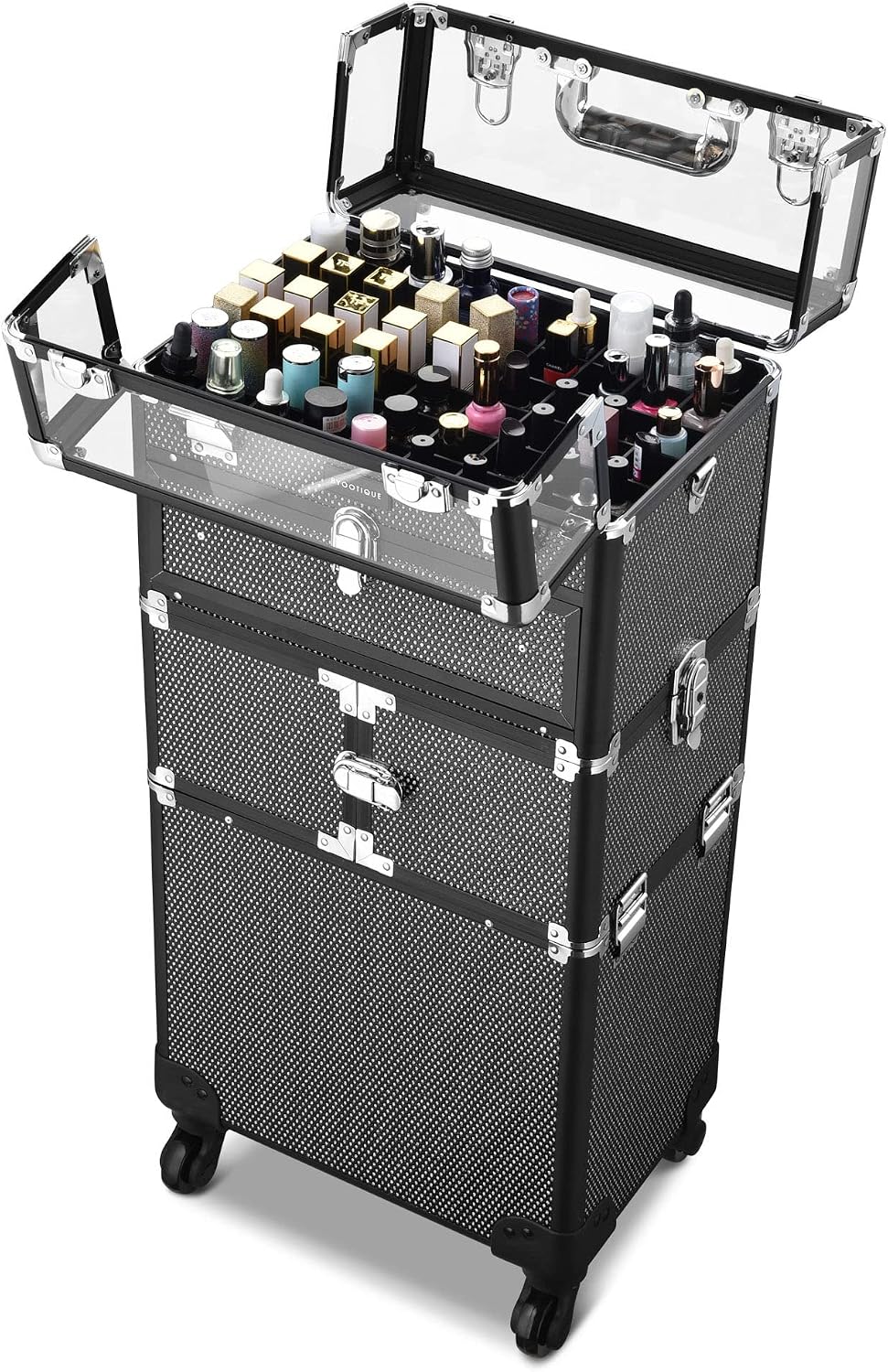 BYOOTIQUE 2in1 Nail Polish Organizer Rolling Makeup Train Case Manicure Cosmetic Trolley Travel Organizer Nail Case with Clear Lid Extendable Trays 4 removable wheels 54 Slots (Black)
