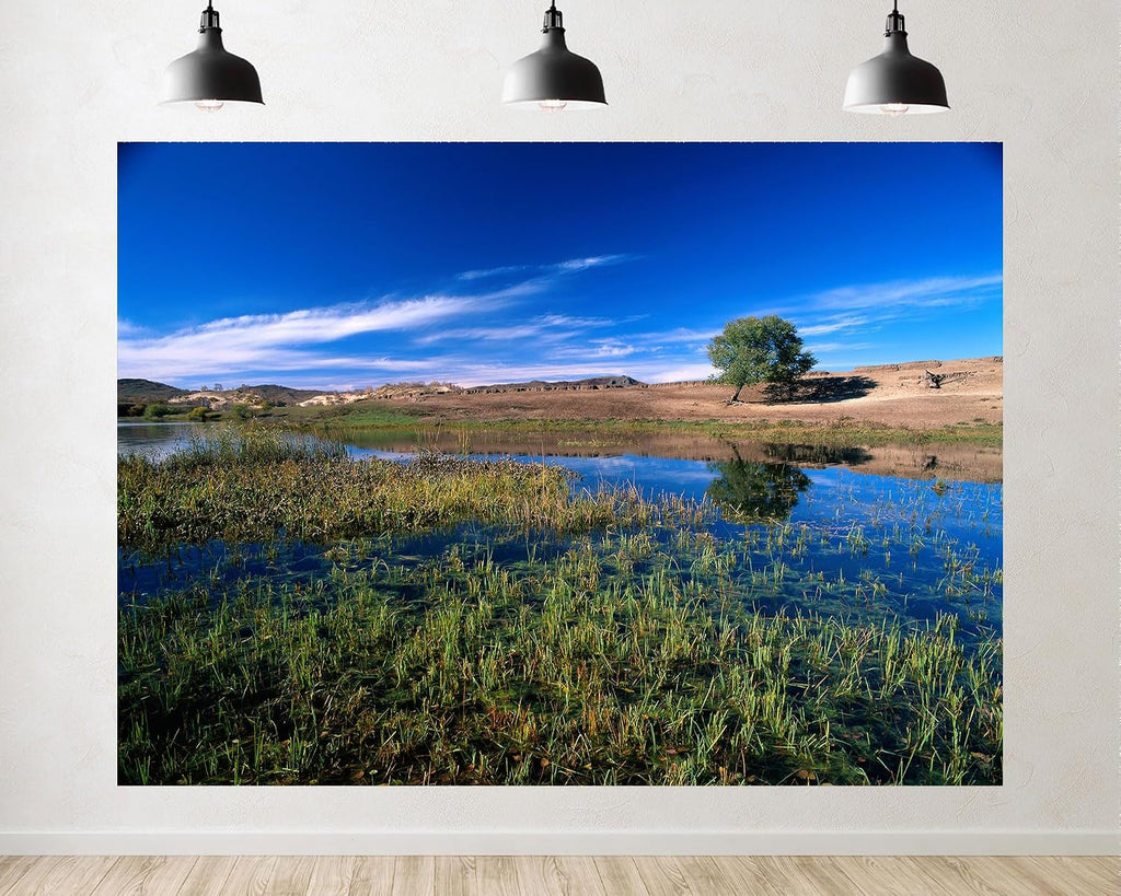 Trykid 20x10ft Lone Tree Backdrop Clear Lake Lush Reeds Deep Blue Sky Rolling Hills Serene Countryside Scene Photography Background Nature Inspired Party Decoration Photo Booth Prop Fabric