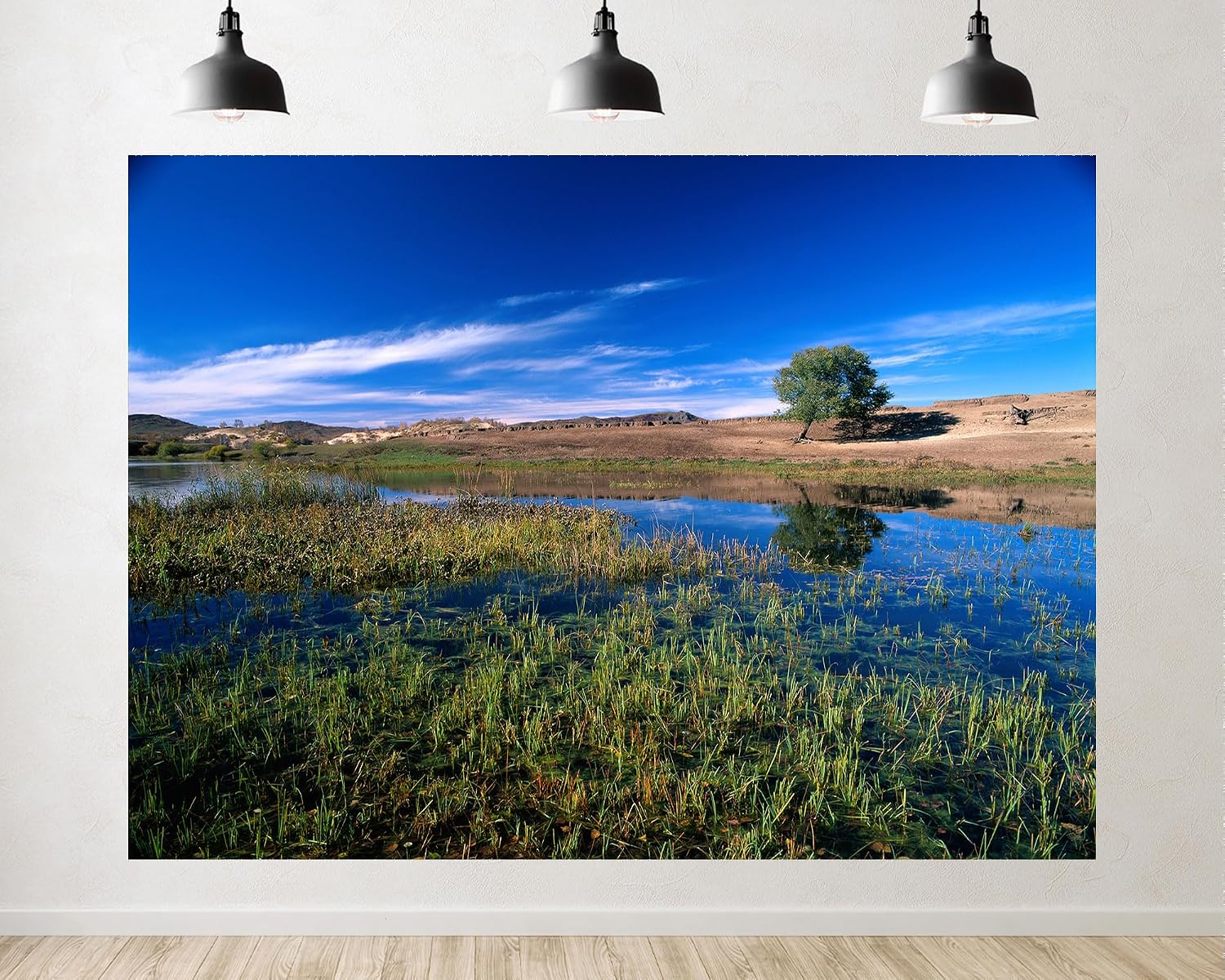 Trykid 20x10ft Lone Tree Backdrop Clear Lake Lush Reeds Deep Blue Sky Rolling Hills Serene Countryside Scene Photography Background Nature Inspired Party Decoration Photo Booth Prop Fabric
