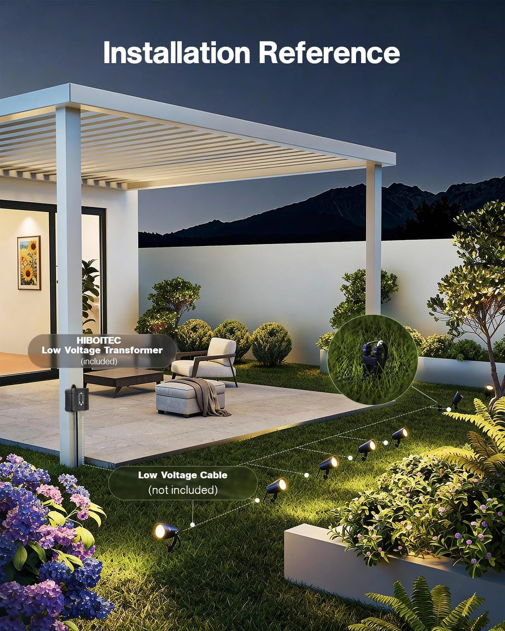 HIBOITEC Low Voltage Landscape Lighting 12W with Connectors 100W Transformer Photocell Sensor and Timer Spotlights Landscape Lights Kit IP65 Waterproof 2900K for House Yard Trees 8 Packs