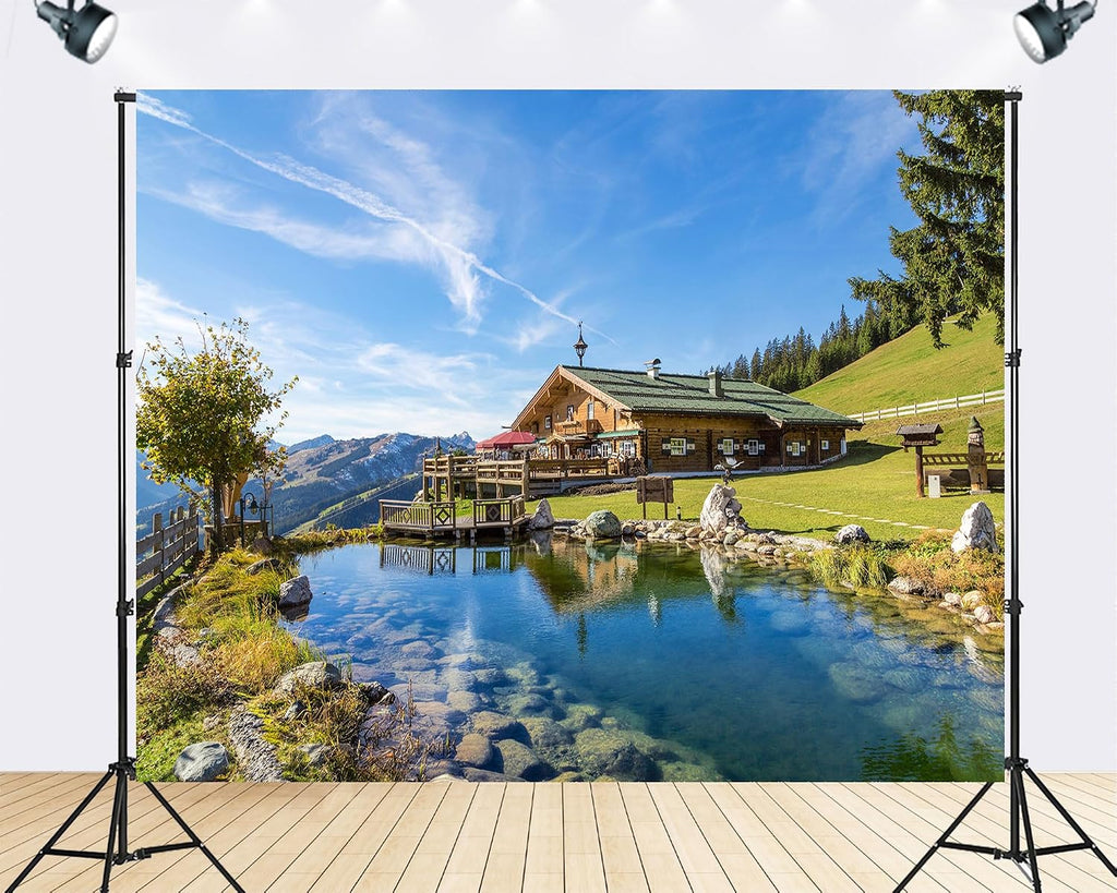 Trykid 20x10ft Alpine Chalet Clear Pond Rolling Hills Backdrop Idyllic Mountain Lodge Scene Photography Background Home Decoration Party Decoration Photo Booth Prop Fabric