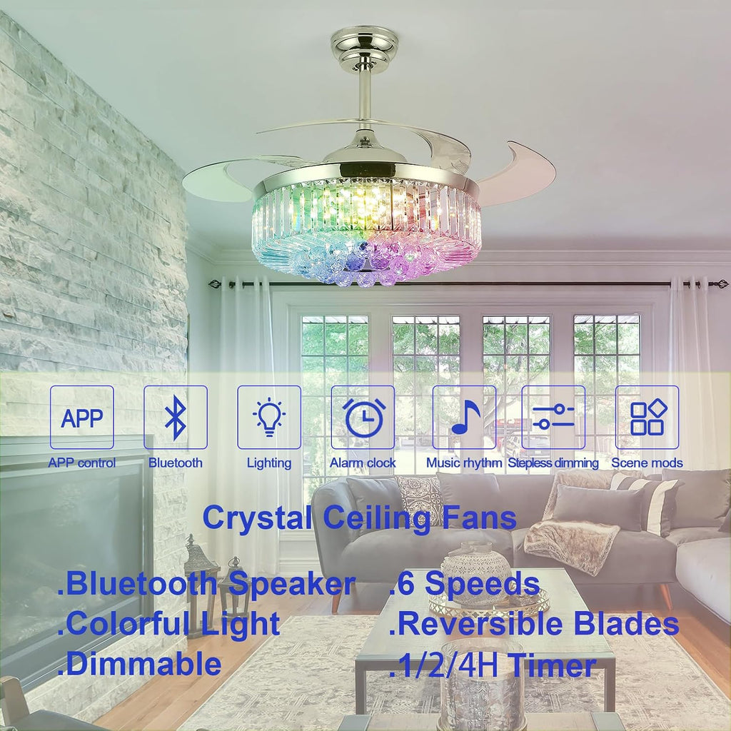 48' Fandelier Ceiling Fan with Light,Silver Retractable Ceiling Fans with Remote Control,RGB Chandelier Ceiling Fan with 6-Speed Reversible Blades,APP Control
