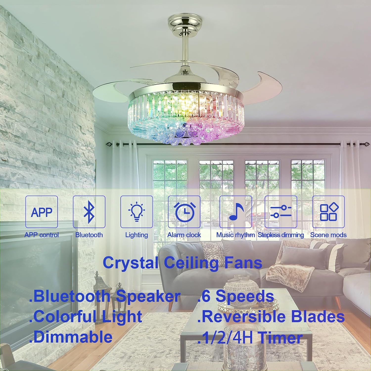 48' Fandelier Ceiling Fan with Light,Silver Retractable Ceiling Fans with Remote Control,RGB Chandelier Ceiling Fan with 6-Speed Reversible Blades,APP Control