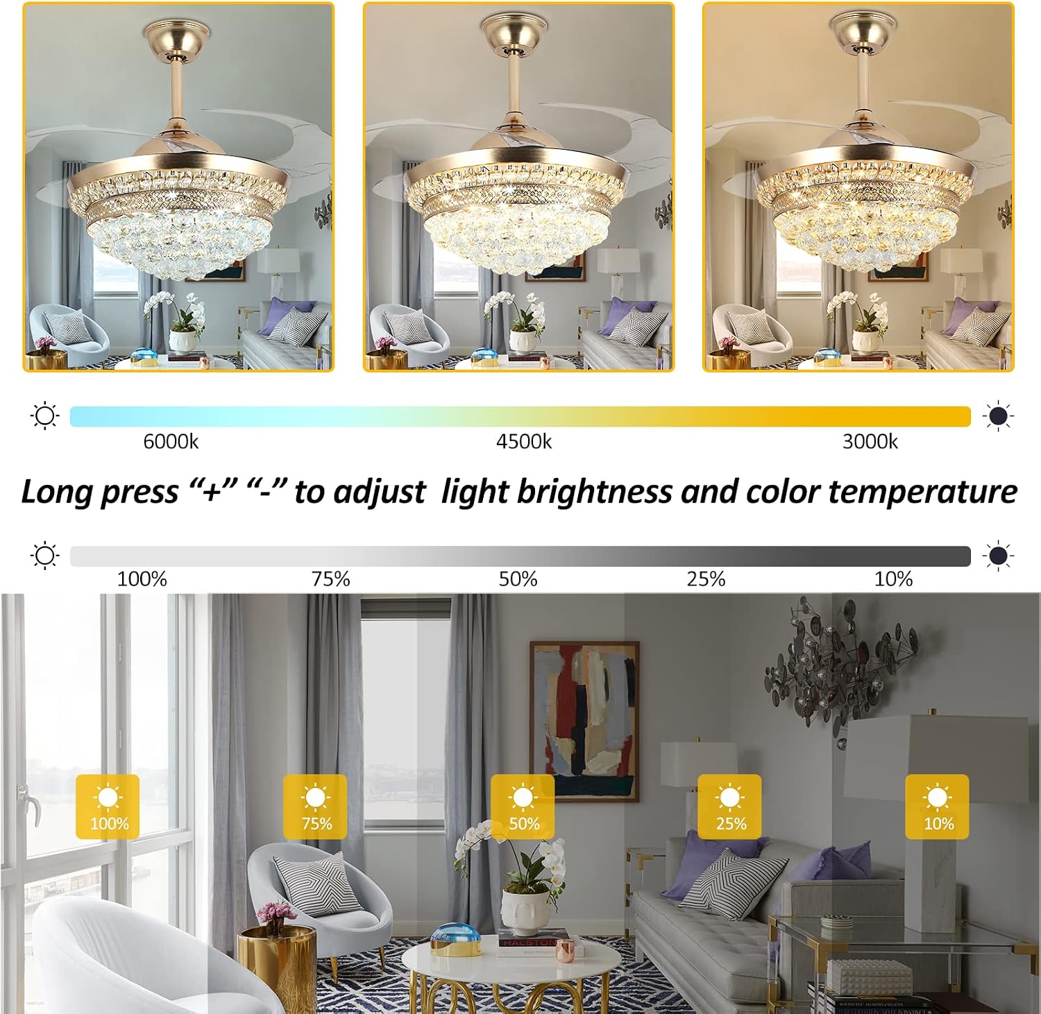 42' Invisible Ceiling Fan Chandelier with Light,Modern Crystal Ceiling Fan Light Remote Control 4 Retractable ABS Blades for Bedroom Living Dining Room Decoration (Golden)
