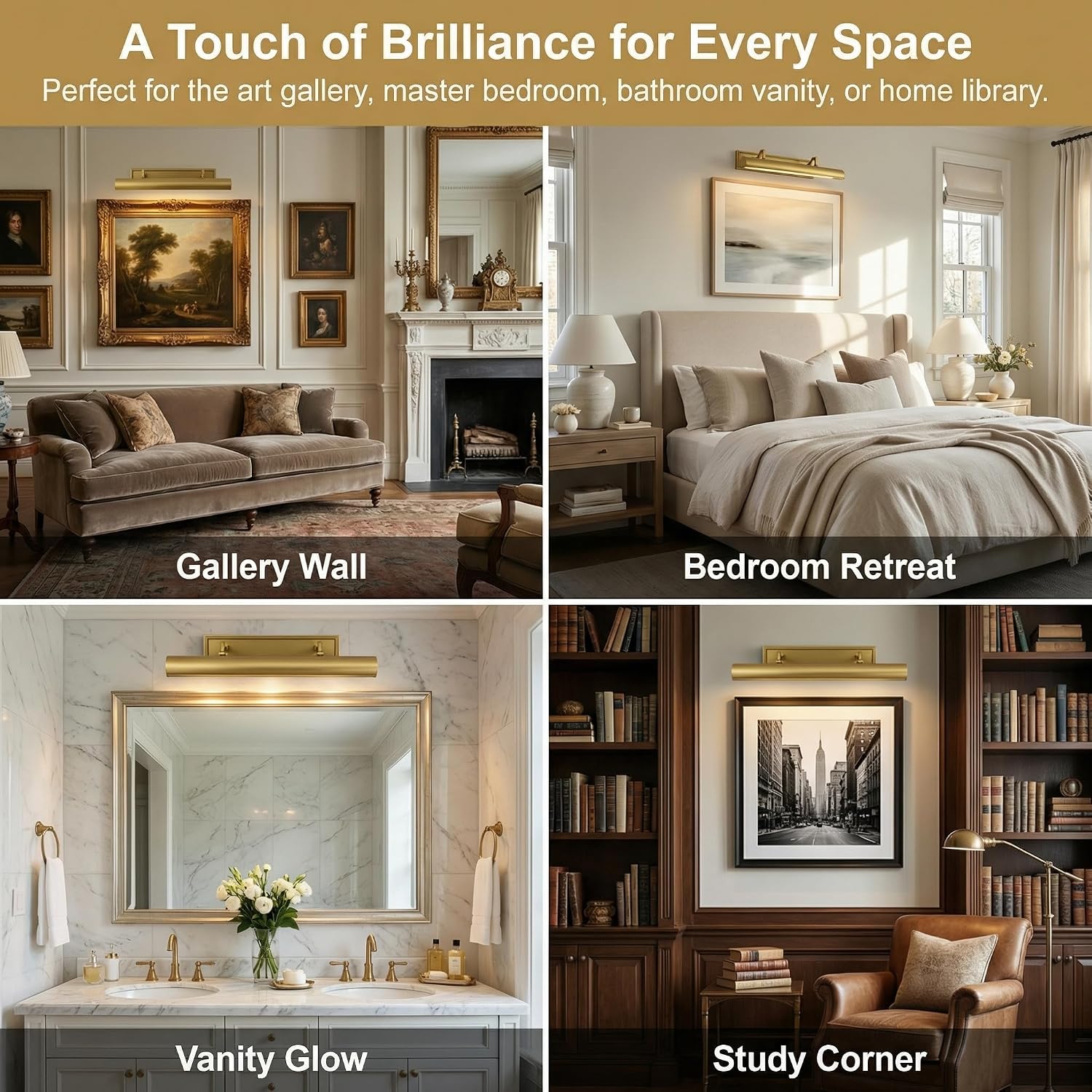 24' Brass Picture Light, 4-Light Gold Hardwired Picture Lights, 270° Rotatable Wall Sconce Lamp for Frame, Linear Art Light for Wall Painting Display Artwork Portrait Library Bulbs Included