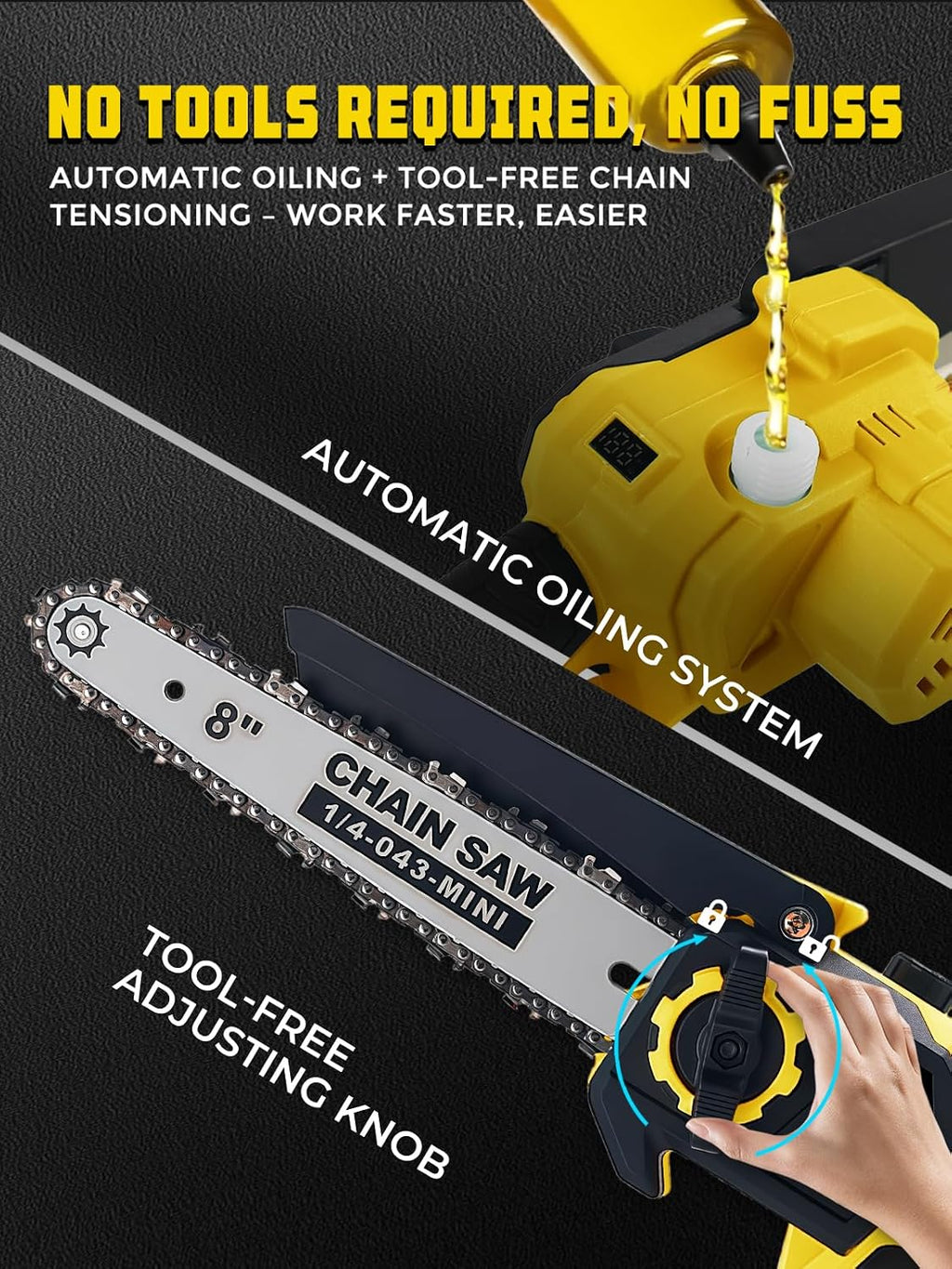 8 & 6 Inch Electric Pole Saw, Brushless 2-in-1 Mini Chainsaw and Pole Saw for Tree Trimming, 2x4000mAh Battery Powered, 16 ft Reach, Auto Oiling, Tool-Free Tensioning, Fathers Day Yard Gift