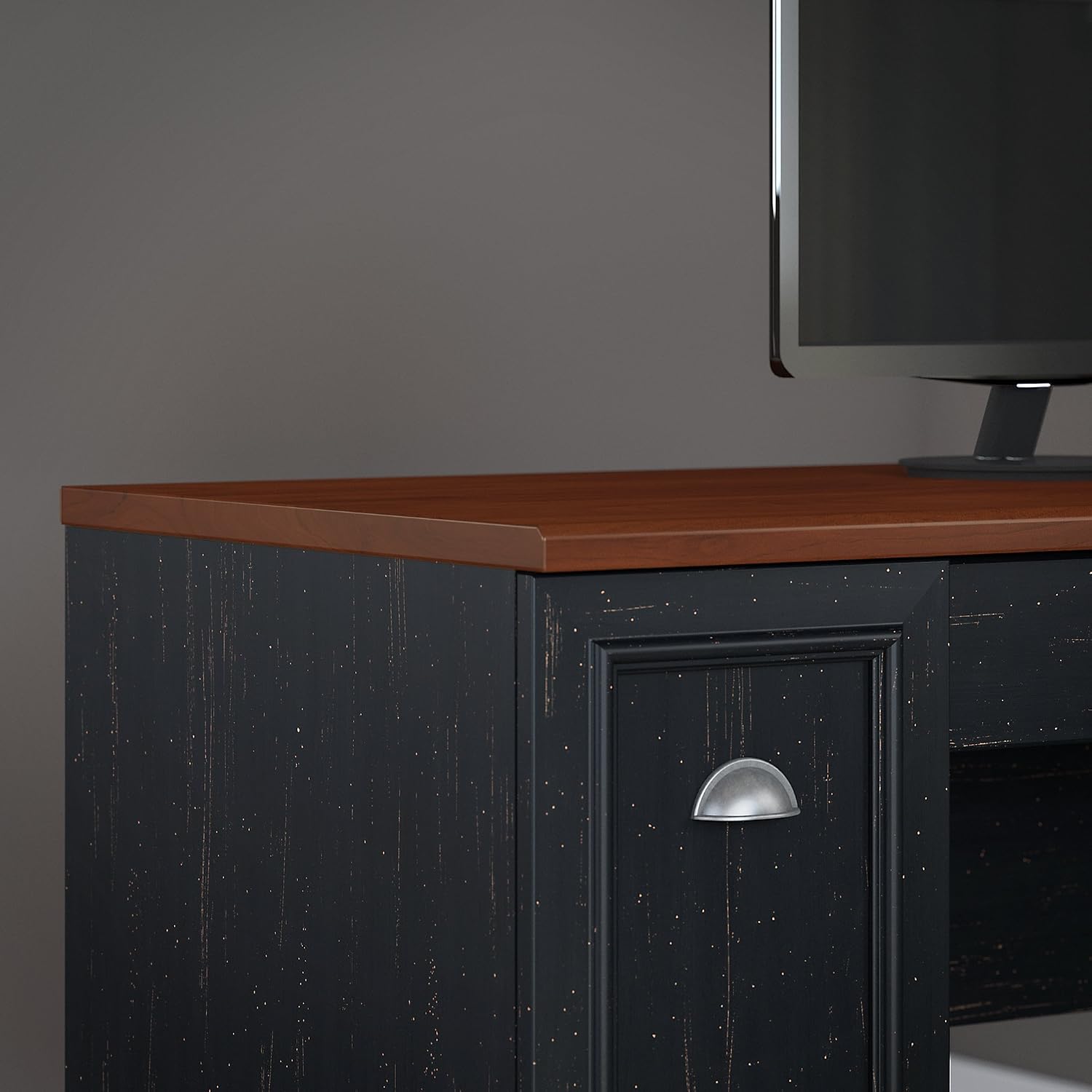 Bush Home Fairview 60W L Shaped Desk with Hutch, Lateral File Cabinet and 5 Shelf Bookcase in Antique Black and Hansen Cherry