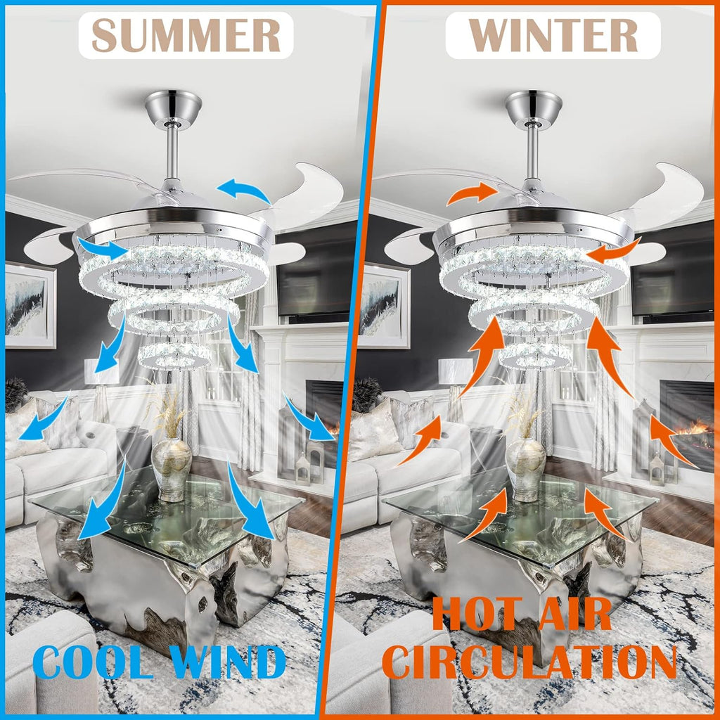 42' Crystal Ceiling Fan with Lights,Modern DIY Crystal Chandelier Ceiling Fan with Remote Control,Invisible Retractable Ceiling Fan for Living Room Bedroom Dining Room (Small Crystal, Silver)
