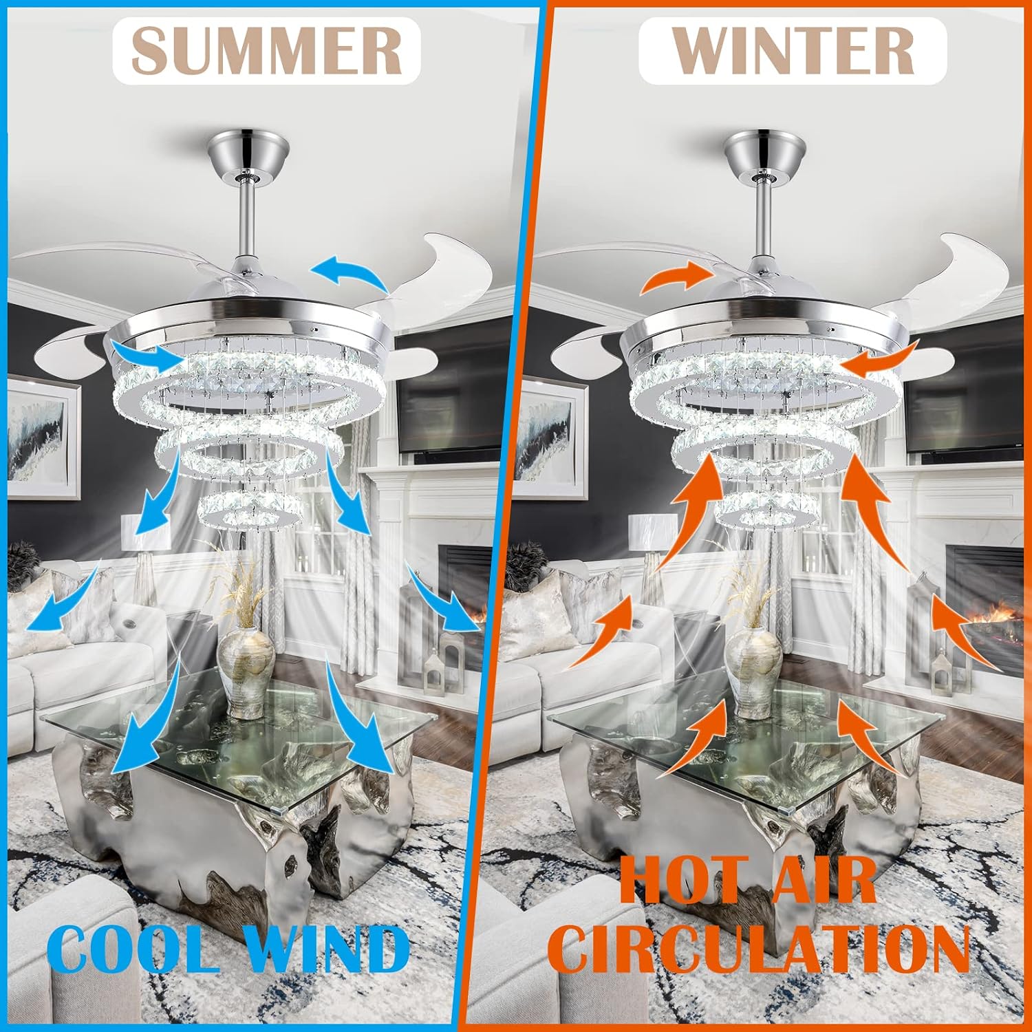 42' Crystal Ceiling Fan with Lights,Modern DIY Crystal Chandelier Ceiling Fan with Remote Control,Invisible Retractable Ceiling Fan for Living Room Bedroom Dining Room (Small Crystal, Silver)