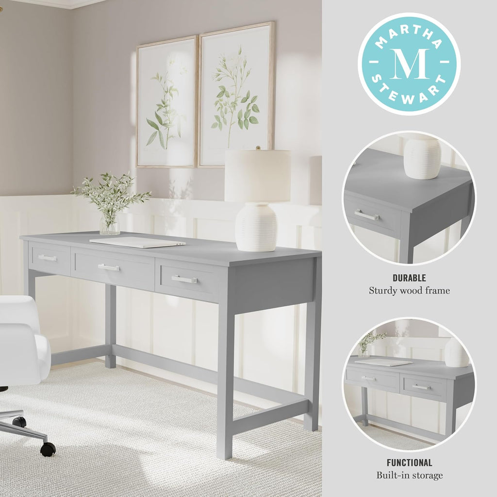 Martha Stewart Hutton Shaker Style Home Office Desk with 3 Drawers in Gray with Brushed Nickel Hardware