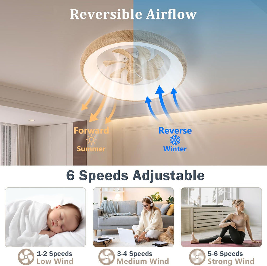 Low Profile Ceiling Fans with Lights, Dimmable Smart RGB Ceiling Fan with Alexa/Google Assistant/App/Remote Control, 6-Speeds Reversible Woodgrain LED Ceiling Fan for Bedroom Kitchen Foyer
