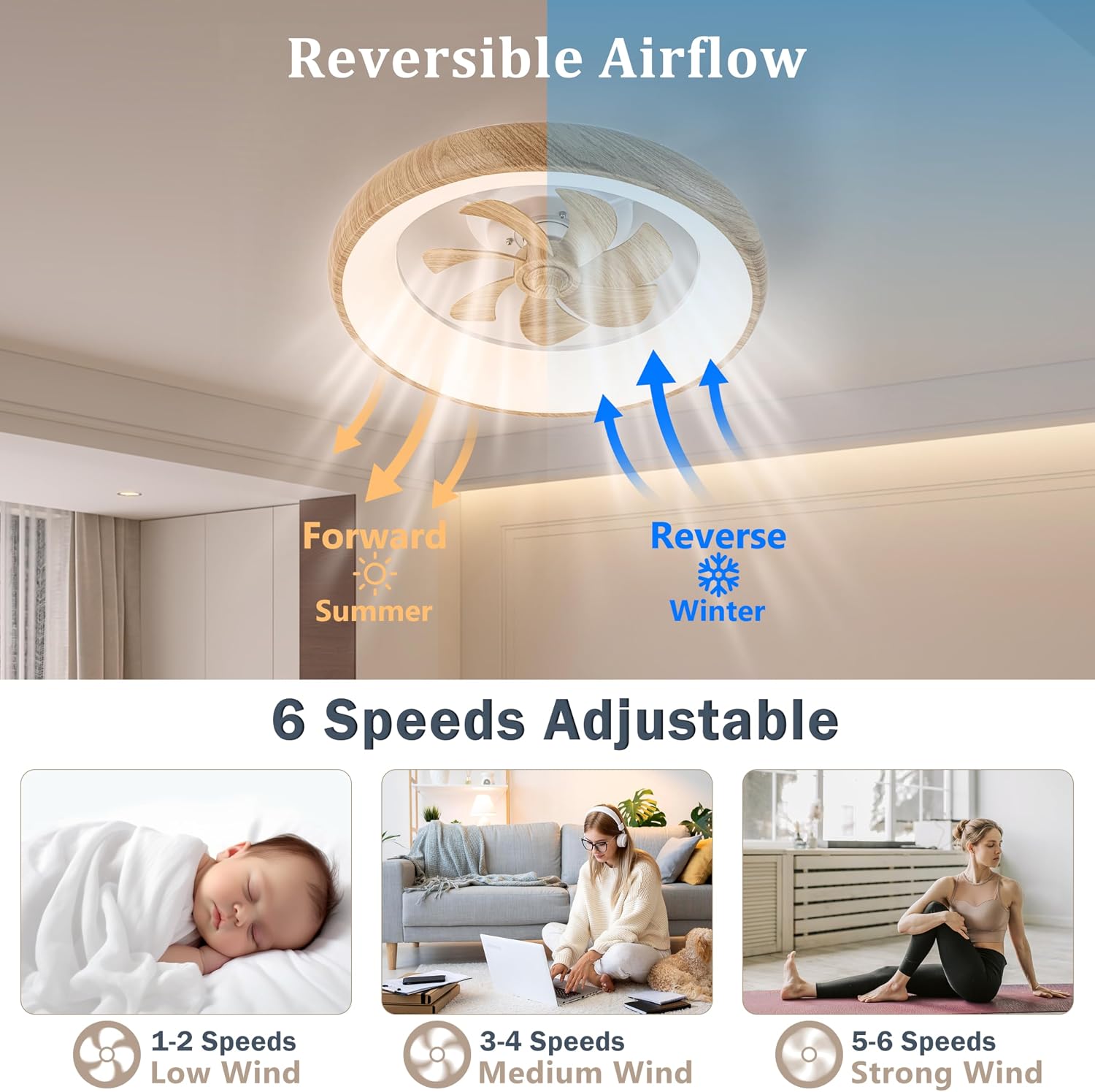 Low Profile Ceiling Fans with Lights, Dimmable Smart RGB Ceiling Fan with Alexa/Google Assistant/App/Remote Control, 6-Speeds Reversible Woodgrain LED Ceiling Fan for Bedroom Kitchen Foyer