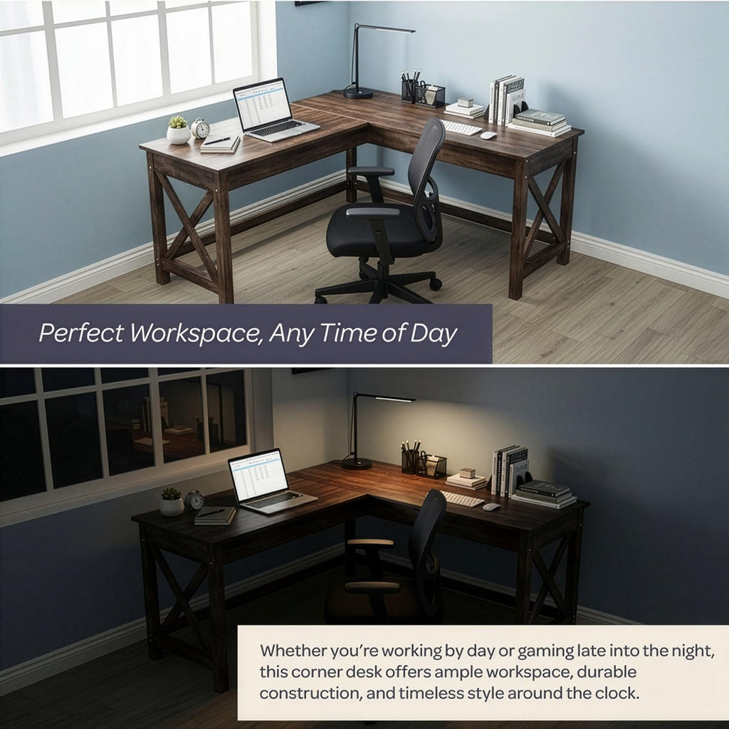 Lavish Home 59' L-Shaped Desk – Corner Computer Desk for Home Office, Space-Saving Workstation with X-Frame Legs, Writing or Craft Desk for Small Spaces (Dark Gray)