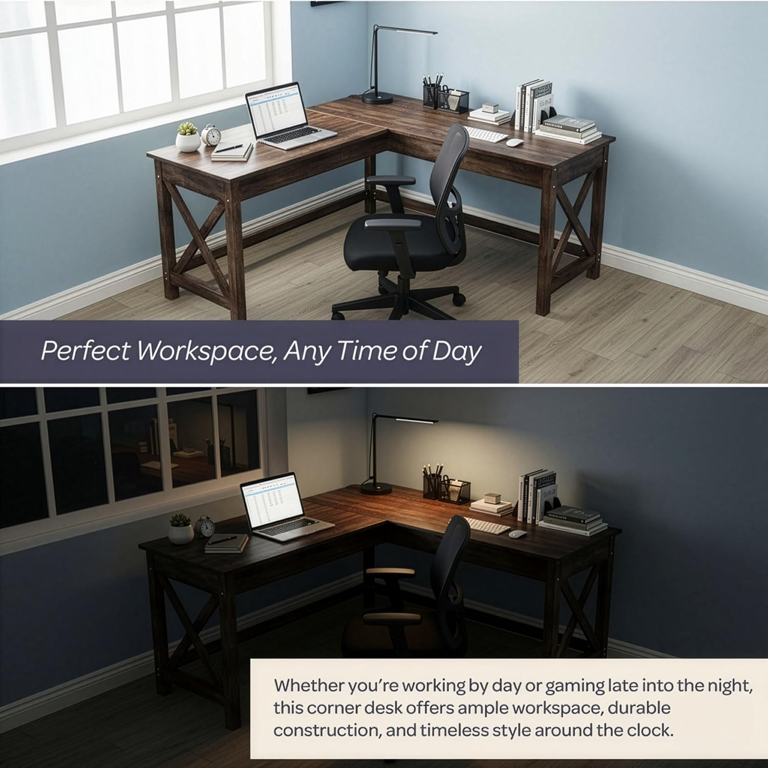 Lavish Home 59' L-Shaped Desk – Corner Computer Desk for Home Office, Space-Saving Workstation with X-Frame Legs, Writing or Craft Desk for Small Spaces (Dark Gray)