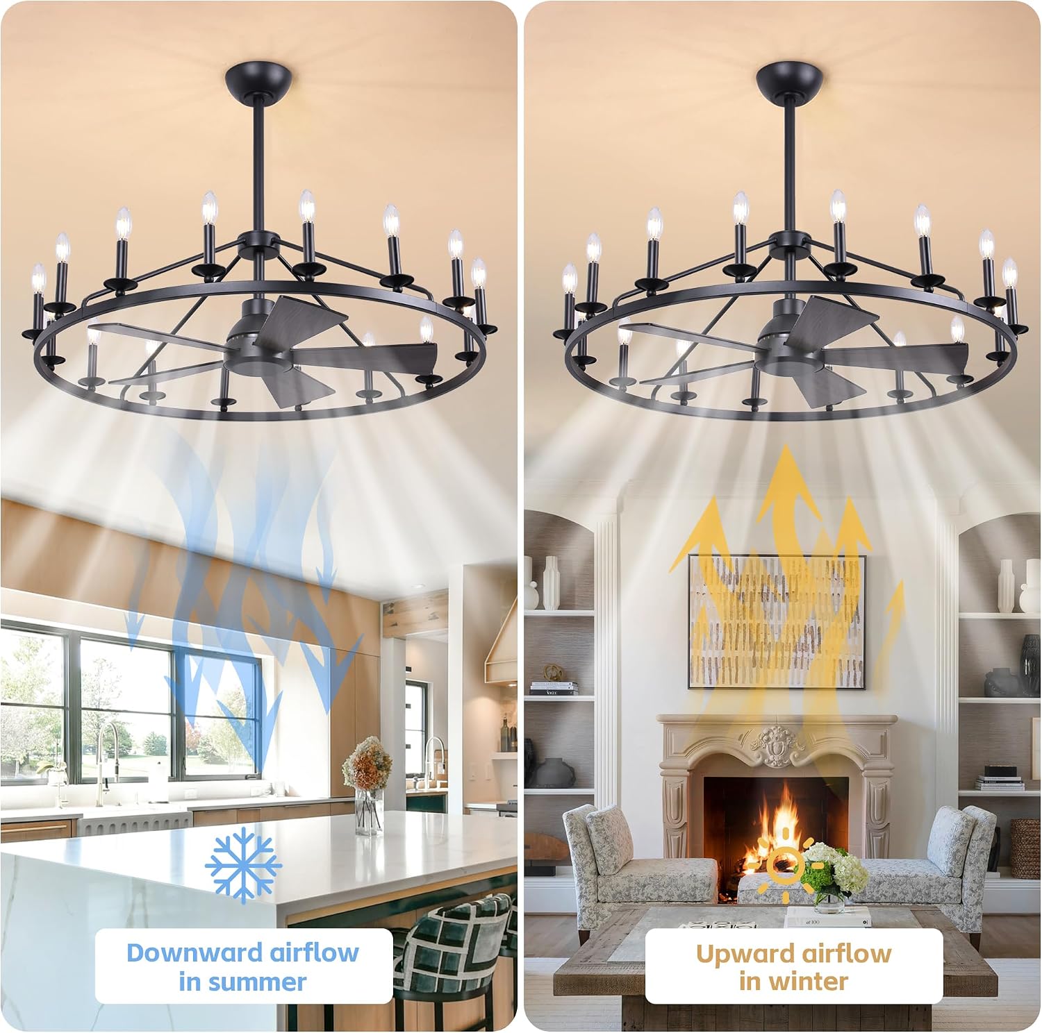 COCOSTAR 44' Black Wagon Wheel Ceiling Fan with 16-Lights, Adjustable Height Farmhouse Fandelier Chandelier for Living Room, E12 Bulb Compatible, Perfect for Summer Cooling and Winter Air Circulation