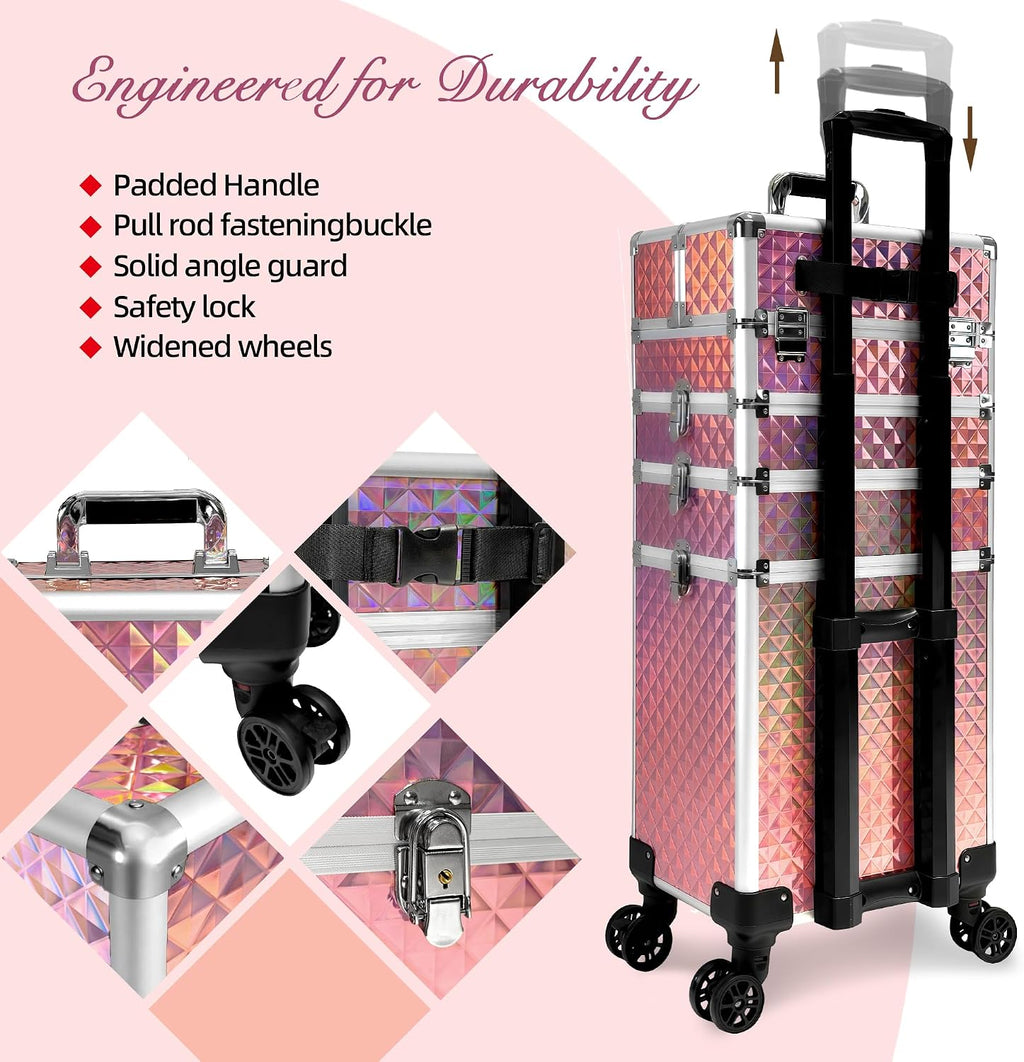 5 in 1 Rolling Makeup Train Case on Wheels Large Cosmetic Organizer Travel Cart for Women Beauty Salon Barber Hairstylist Pink