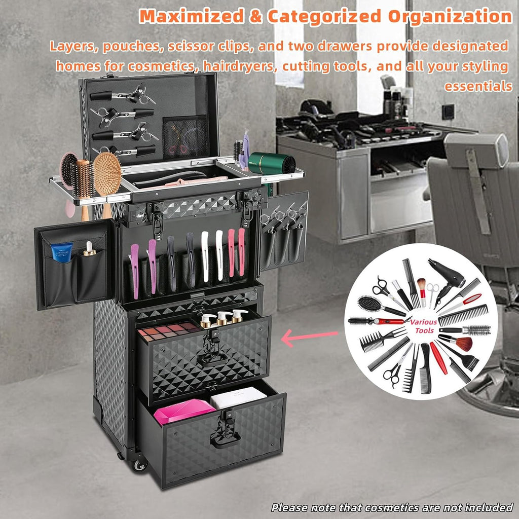 Rolling Makeup Suitcase with 2 Drawers, Lockable Nail Salon Cart Makeup Train Case Cosmetic Luggage for Beauty, Cosmetology Case on Wheels Trolley Cart for Manicure Hairstylist