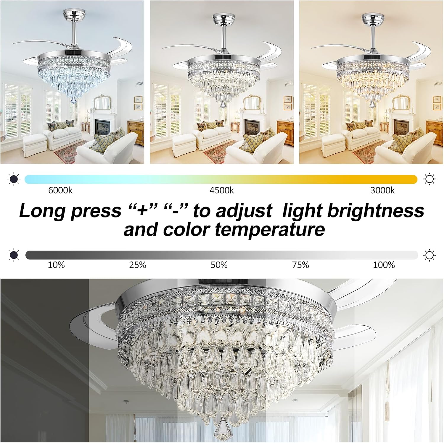 Baotree Chandelier Ceiling Fan with Lights and Remote,42 Inch Modern Flush Mount for Bedroom Indoor, Dimmable LED,Bluetooth Connection,Energy Efficient Quiet Retractable Blades (42 in White)
