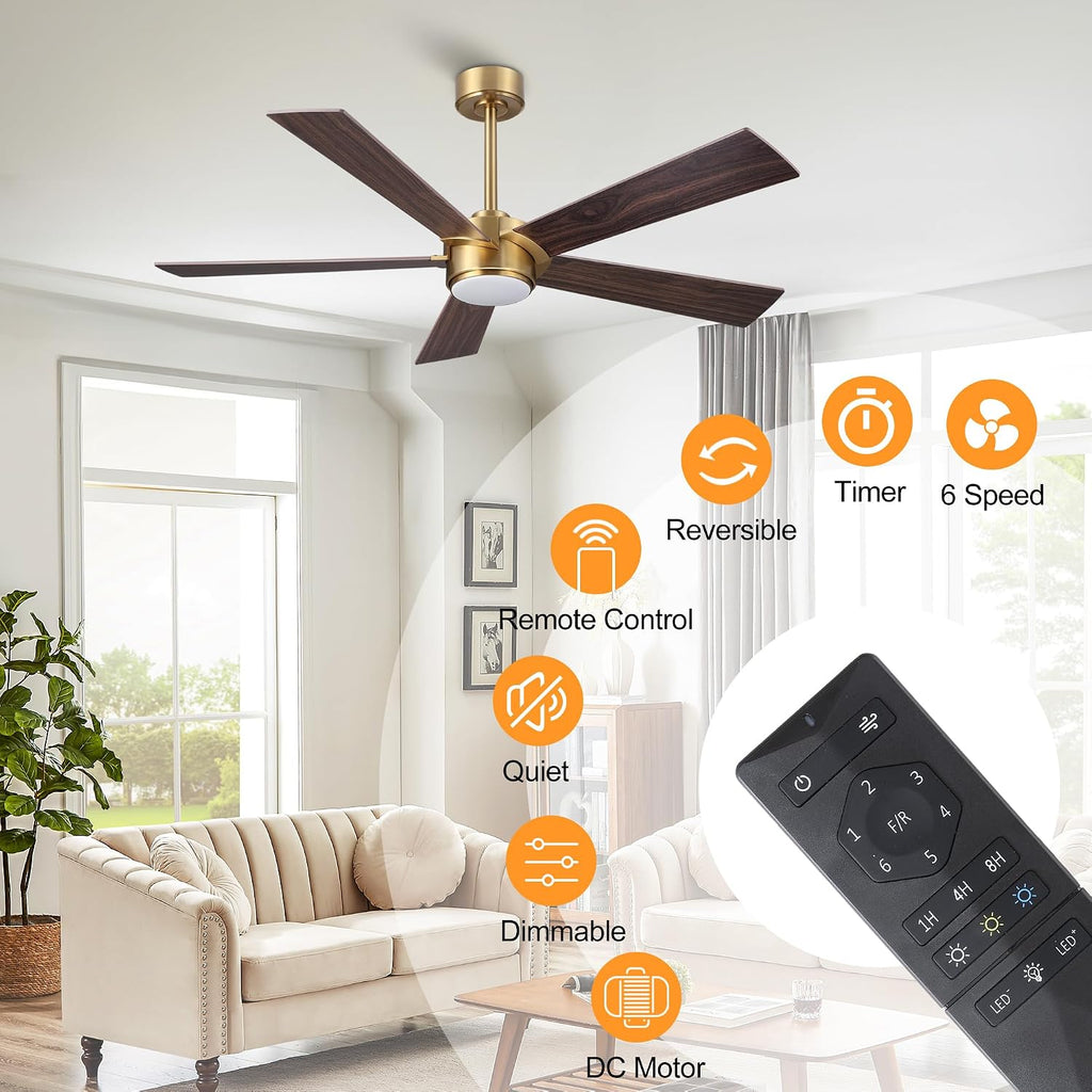 ELEHINSER 54' Ceiling Fan with Light and Remote Control, Modern Dimmable LED Light, 6-Speed Noiseless Reversible DC Motor, 5 Plywood Ceiling Fan for Kitchen Bedroom Living Room NAB Gold/Walnut