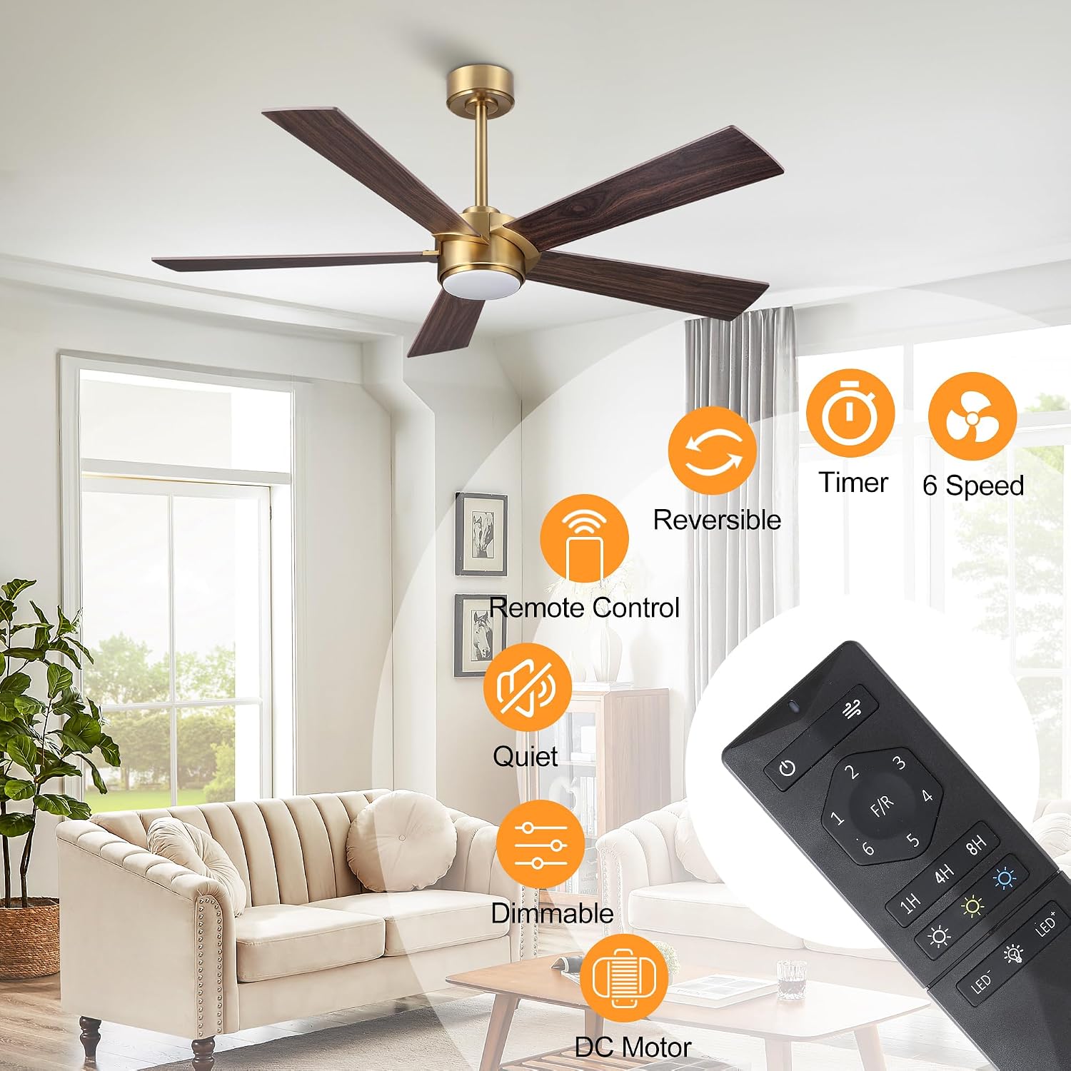 ELEHINSER 54' Ceiling Fan with Light and Remote Control, Modern Dimmable LED Light, 6-Speed Noiseless Reversible DC Motor, 5 Plywood Ceiling Fan for Kitchen Bedroom Living Room NAB Gold/Walnut