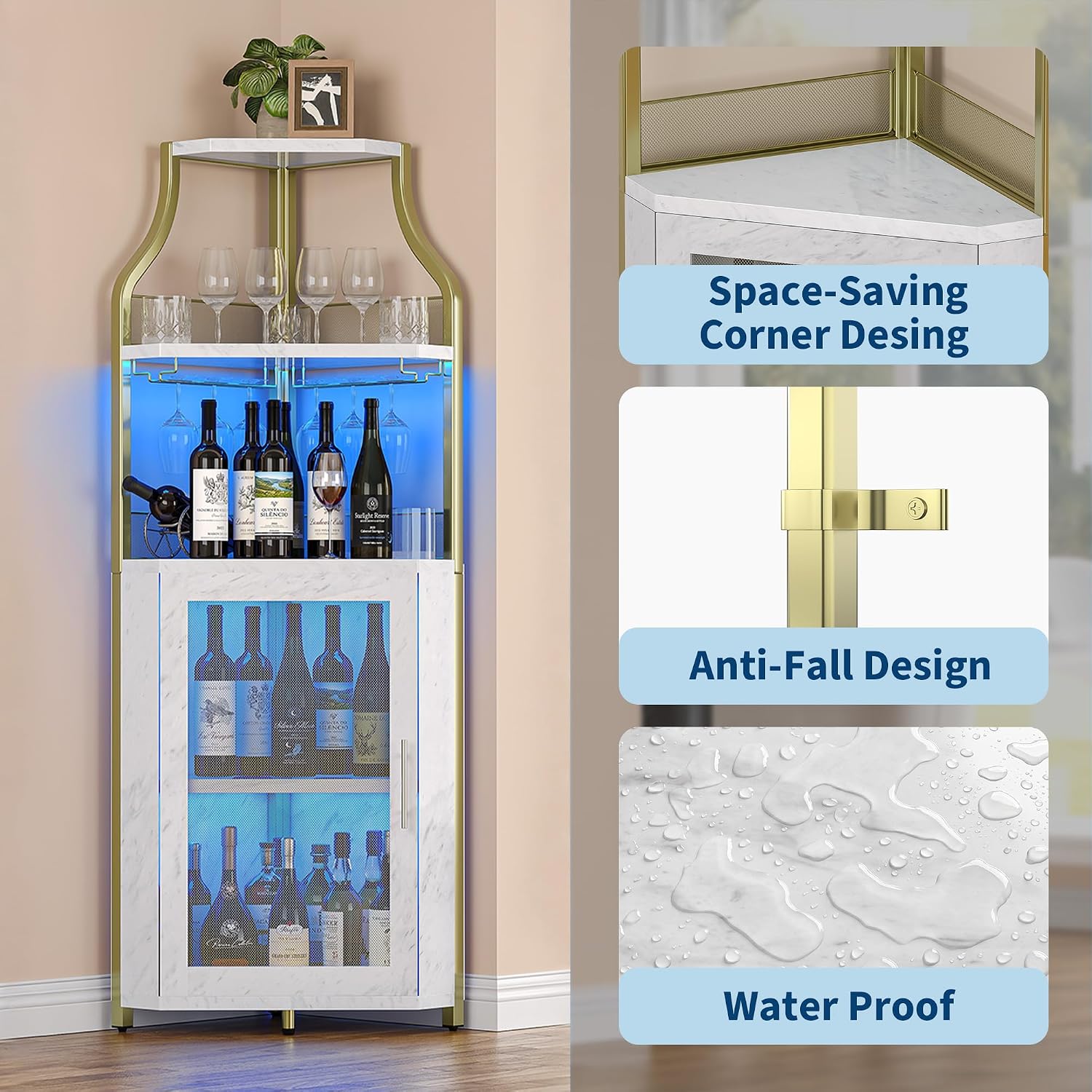 GarveeHome Corner Bar Wine Cabinet with LED Lights, 5-Tier Industrial Wine Cabinet with Glass Holder, Modern Liquor Cabinet with Adjustable Shelf, Home Bar Cabinet with Mesh Door, Gold