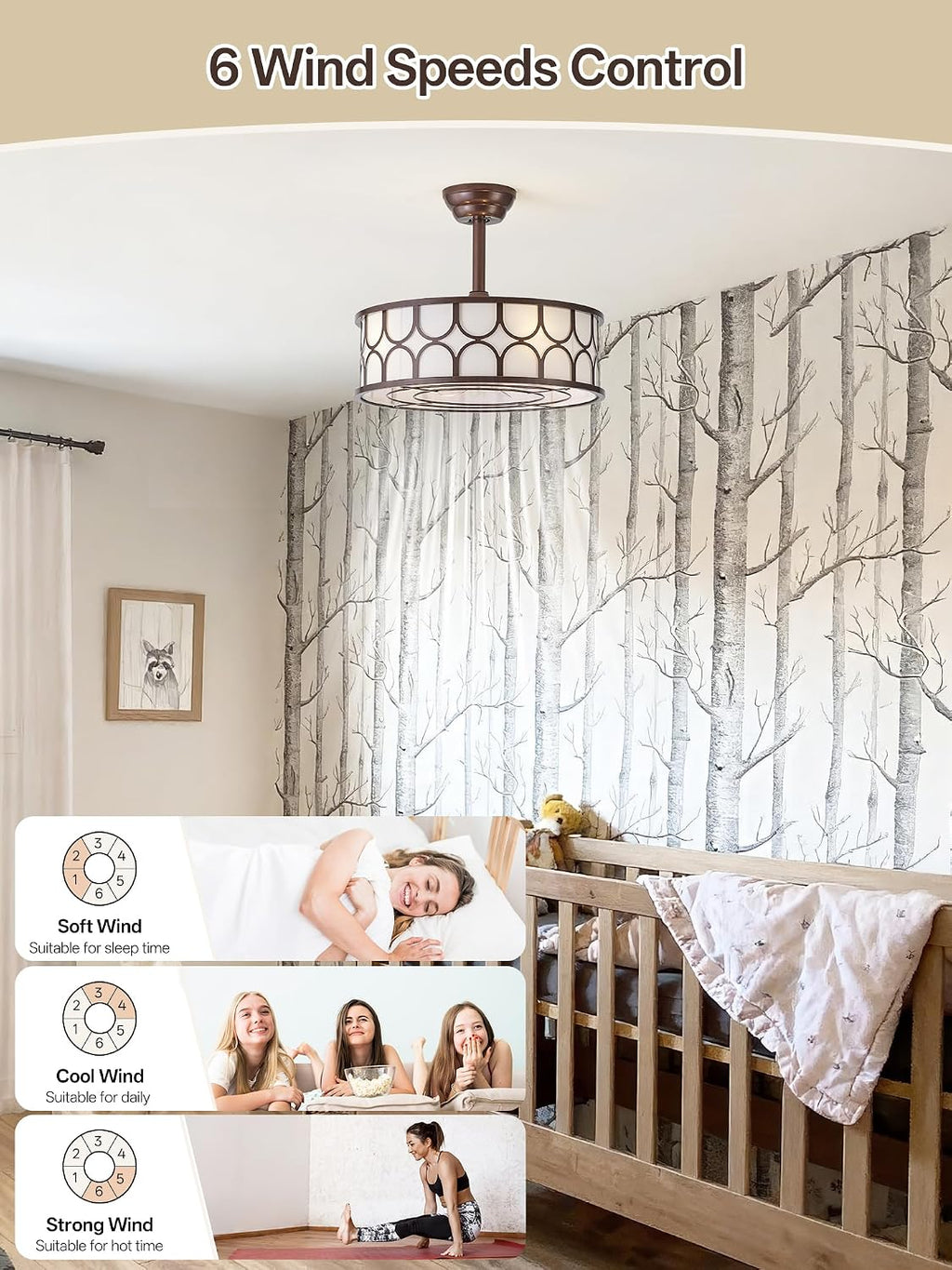 20' Brown Boho Fandelier Ceiling Fan with Lights, Caged Bladeless Ceiling Fan with Light Remote Control, Chandelier with 6 Speeds for Bedroom, Nursery, Living Room