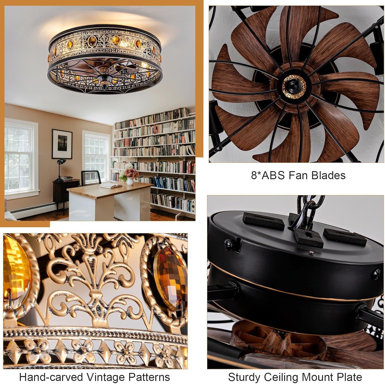 Caged Ceiling Fan with Light, Vintage Victorian Rustic Crystal Fandelier, Low Profile Flush Mount, Small Enclosed Bladeless Ceiling Fan for Bedroom, Kitchen, Living Room, Dining Room