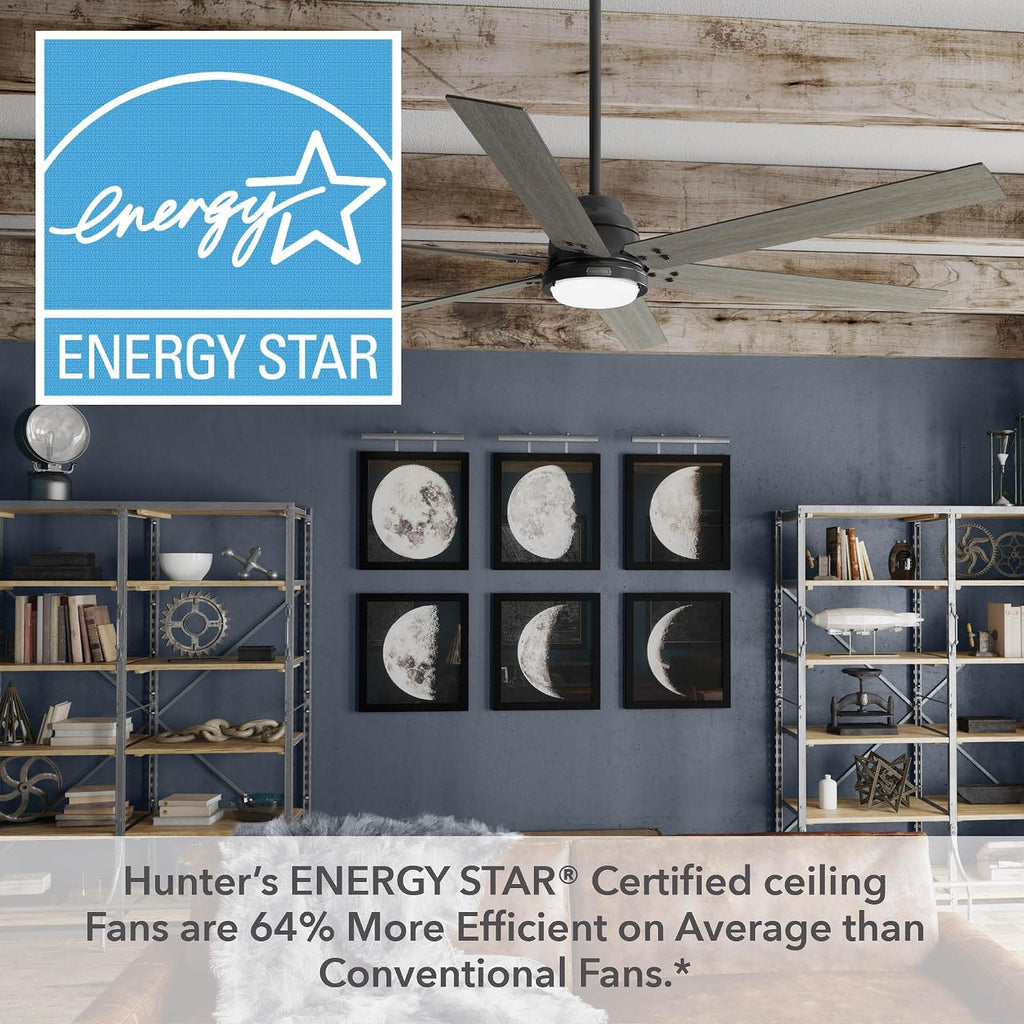 Hunter 72 inch Indoor Ceiling Fan with LED Light and Remote Control - Black Smart Ceiling Fan, Standard Mount, 6 Blades, for Bedroom or Living Room, Quiet - Gravity 51950, Matte Black