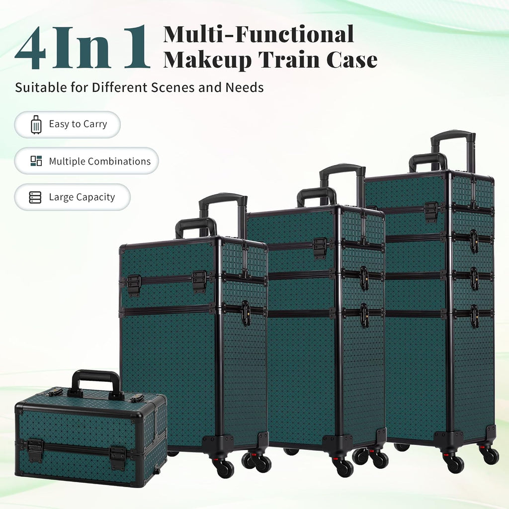 AROUS Rolling Makeup Train Case 4 in 1 Cosmetology Case on Wheels Large Storage Cosmetic Trolley with Key Salon Barber Traveling Cart Trunk, Green