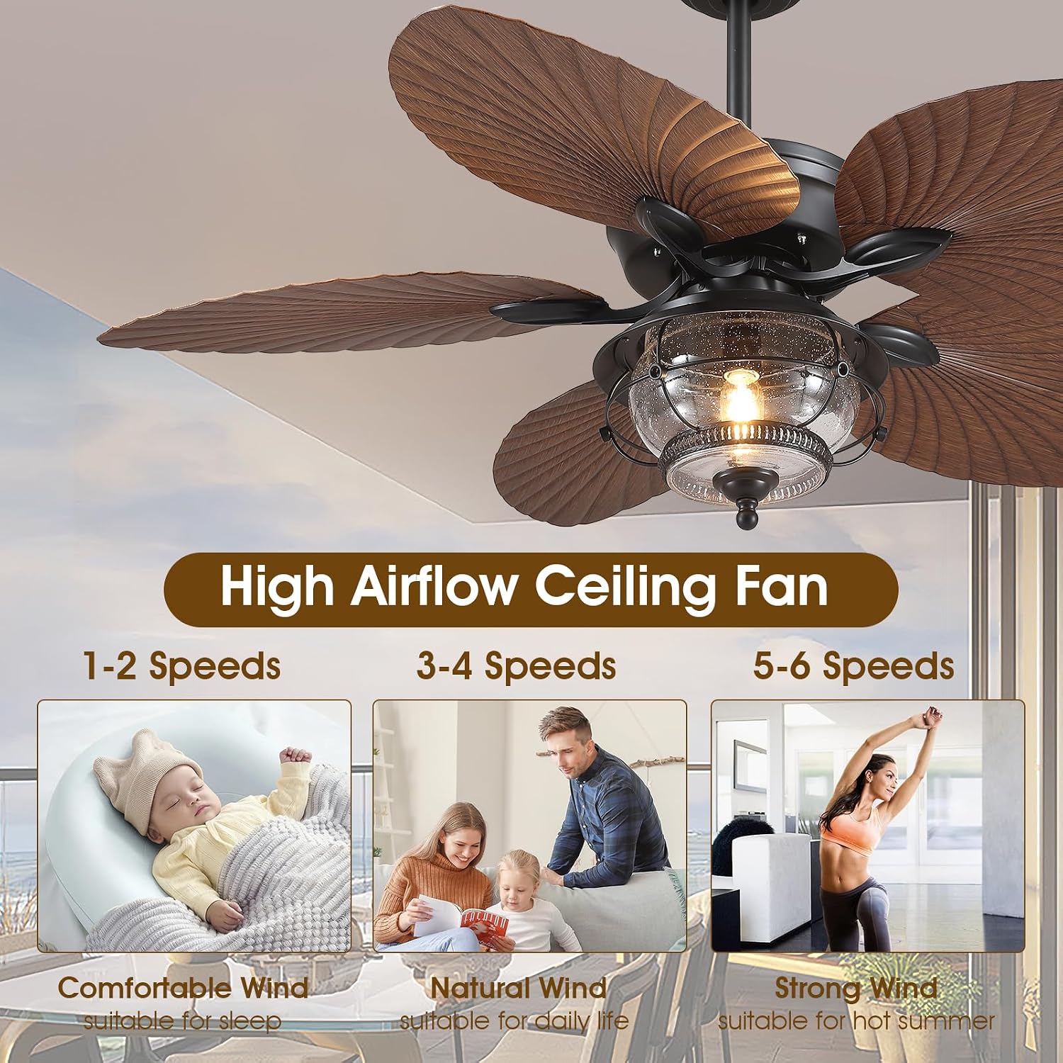 Wiviniya 52 Inch Tropical Ceiling Fans with Lights and Remote, Palm Leaf Waterproof Outdoor Ceiling Fan for Patios Porches Gazebos, Wet Rated, Glass Lampshade, Quiet DC Motor, Brown (Bulb Included)