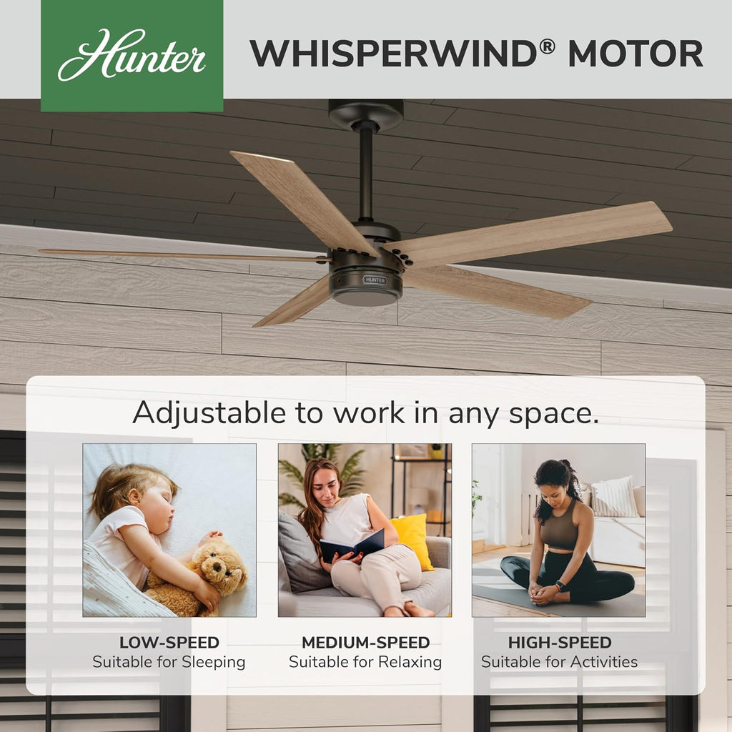 Hunter 52 inch Outdoor or Indoor Ceiling Fan No Light - Bronze Ceiling Fan without Light, For Patio, Porch, Garage, or Living Room, Standard Mount, 5 Blades, Wall Control - Burton 52264, Noble Bronze