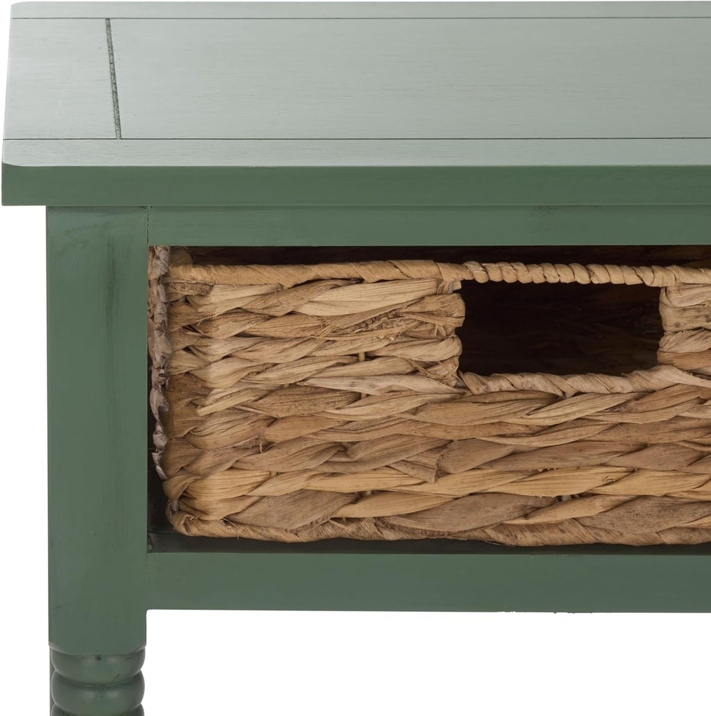 SAFAVIEH Home Collection - Christa Entryway Console Table, Dusty Green Solid Wood 3-Drawer Storage Sofa Table with Rattan Baskets (AMH5737J)