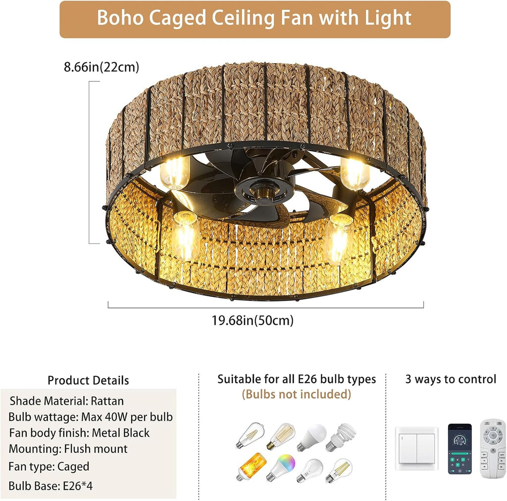 Ganeed 20' Boho Ceiling Fan with Light, Handwoven Rattan Caged Ceiling Fan with Light and Remote, Low Profile 6 Speeds Enclosed Flush Mount Fandelier for Bedroom Kids Room Nursery Living Room