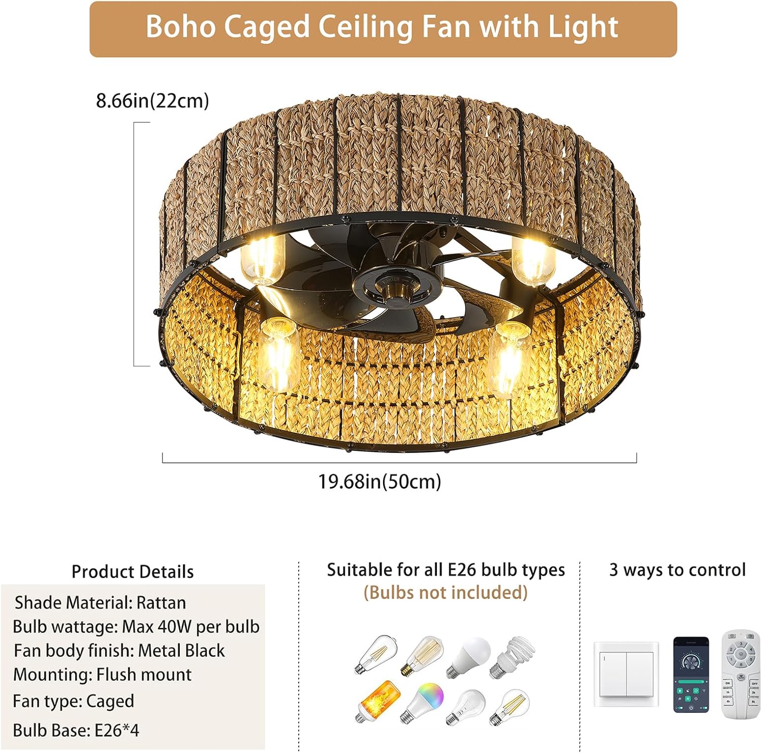 Ganeed 20' Boho Ceiling Fan with Light, Handwoven Rattan Caged Ceiling Fan with Light and Remote, Low Profile 6 Speeds Enclosed Flush Mount Fandelier for Bedroom Kids Room Nursery Living Room