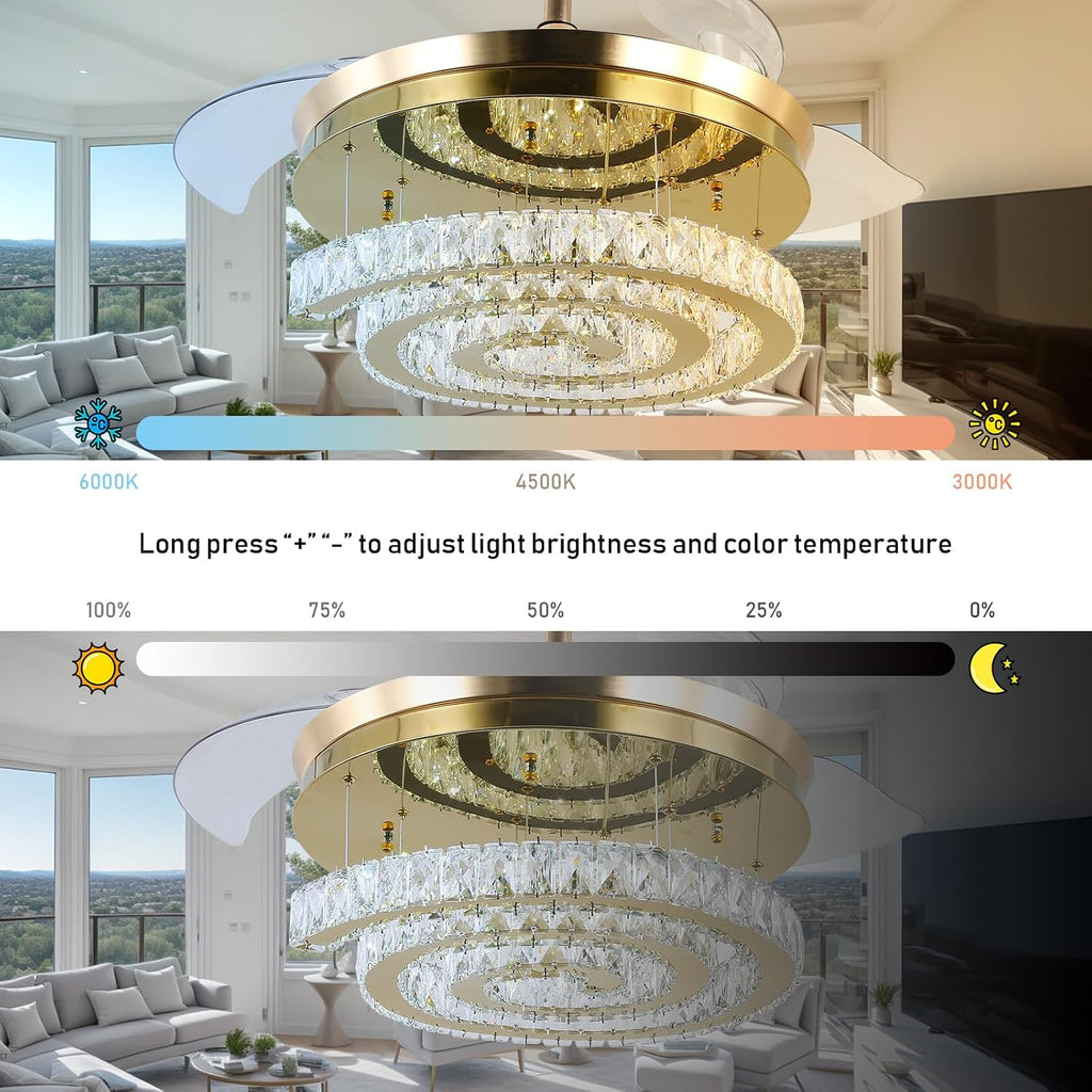 FRIXCHUR Gold 42' Crystal Ceiling Fans with Lights and Remote Chandelier Fans Dimmable Crystal Fandeliers 3-Blade Retractable Led Ceiling Fans 6 Speed 3 Color Change for Bedroom Living Room 30W*2…