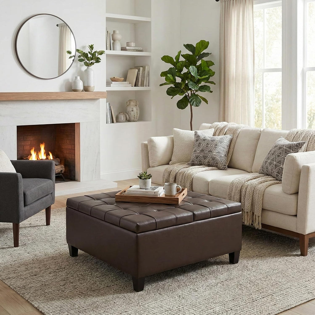 SIMPLIHOME Harrison Coffee Table Storage Ottoman - 36 inch Wide Upholstered Vegan Leather Square Lift-Top Ottoman in Chocolate Brown, Transitional Ottoman for Living Room with Hidden Storage